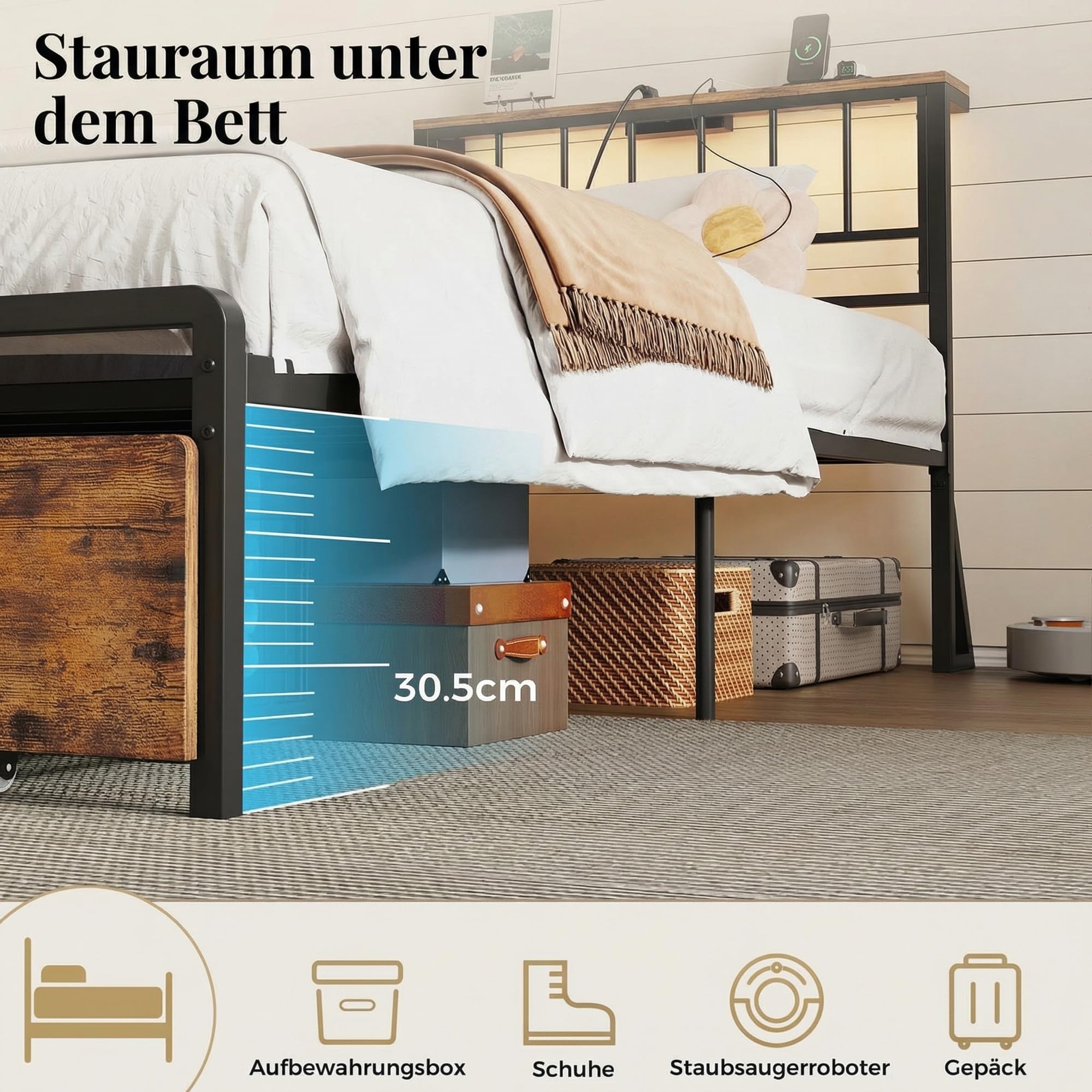 IRONCK Bett 90x200 mit LED und Ladestation, Bettgestell mit Stauraum | Doppelbett mit 2 Schubladen, 2 AC-Steckdosen, USB-A & USB-C, Jugendbett mit Lattenrost aus Metall, Betten für Schlafzimmer