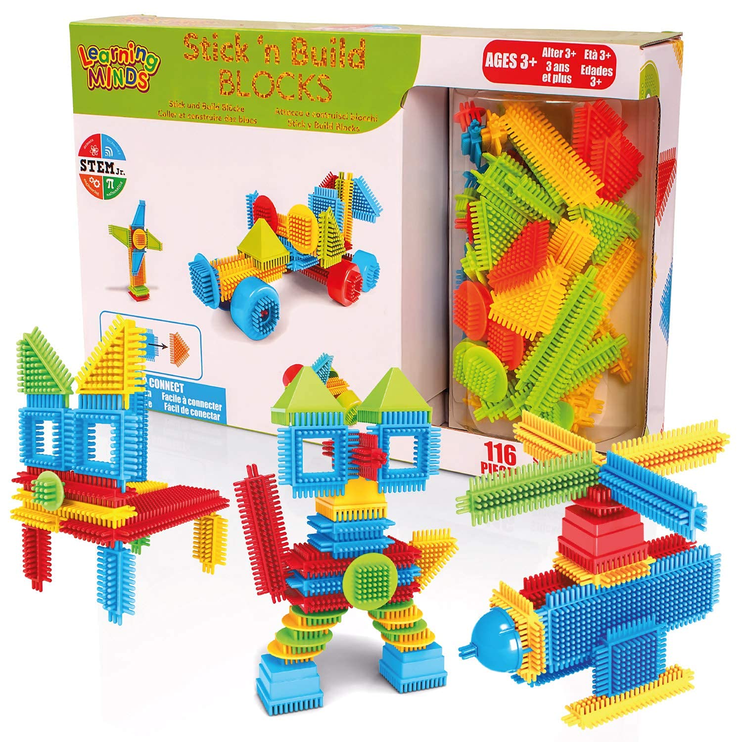 Learning Minds Stick 'n Build 116 Piece Building Blocks - Stacking Bricks Construction Toys For Toddlers Boys or Girls