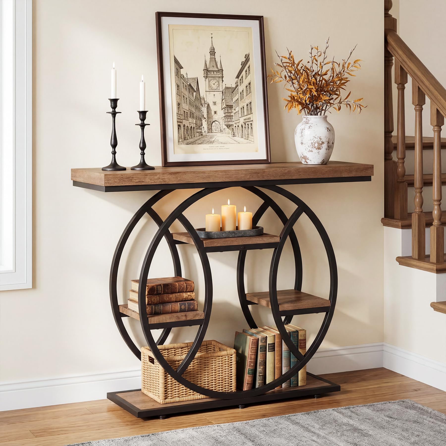 Tribesigns 41.3" Console Table, 4-Tier Industrial Sofa Table with Circular Metal Frame & Storage Shelves, Narrow Entryway & Hallway Table, Rustic Brown Modern Design