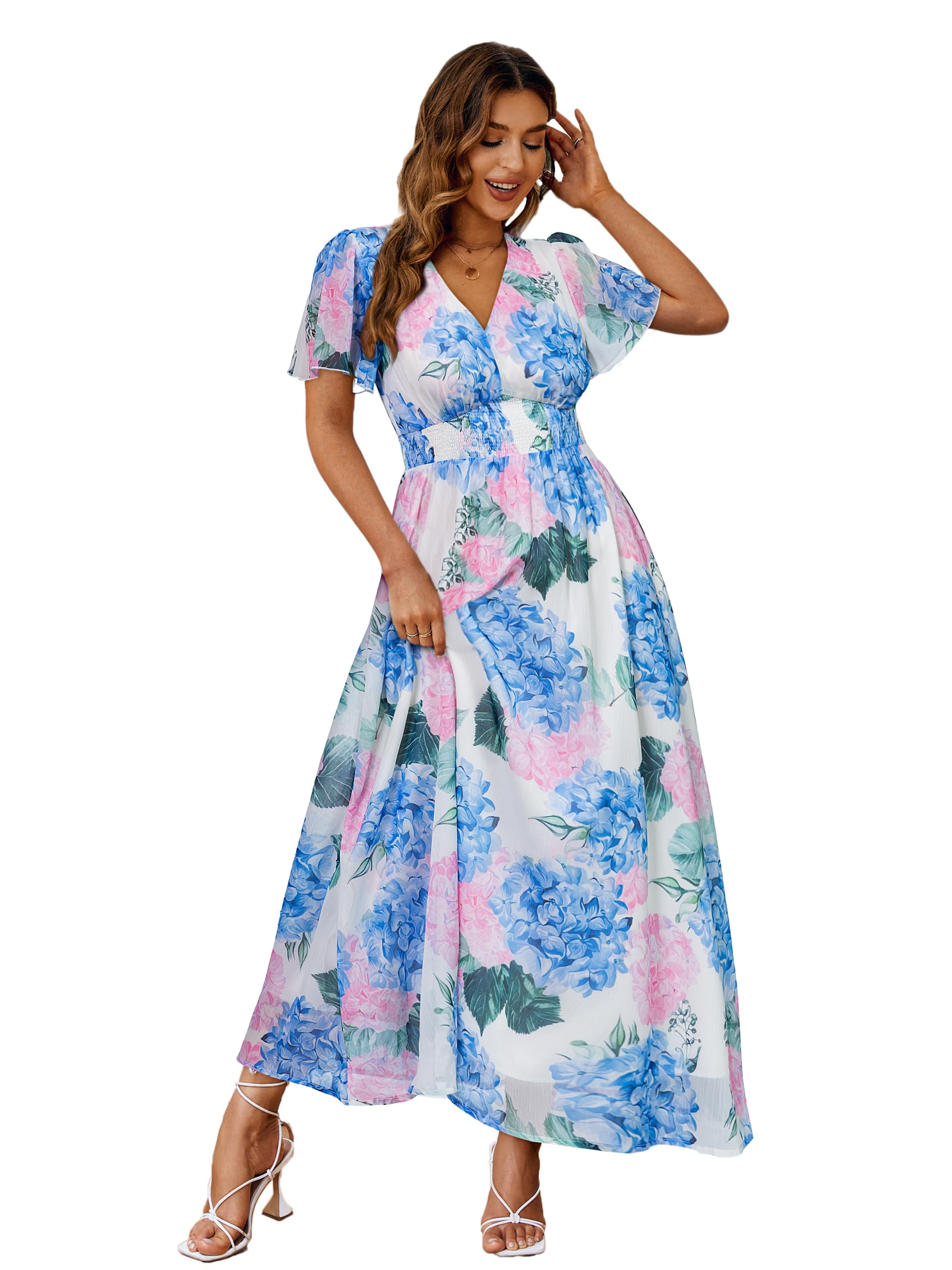 Simplee Women's Boho Floral Maxi Dress Flowy Casual V Neck Short Sleeve Wedding Guest Holiday Beach Long Dress