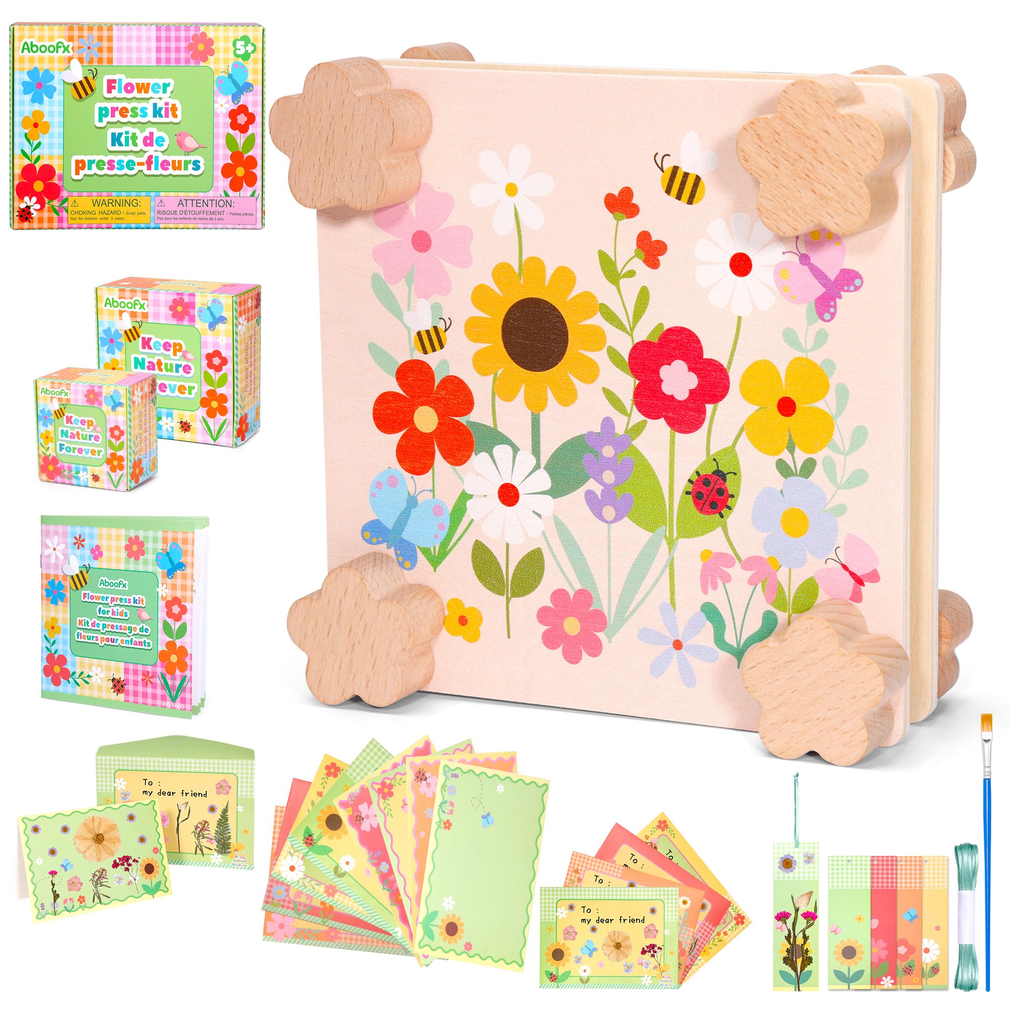 Aboofx Flower Pressing Kit for Kids,Creativity Wooden Pressed Flower Art Kit for Craft Pressed Flowers & Plant DIY,Recycle Botanical Press for Class Art & Crfat Project,Craft Kit Gift for Girls Boys