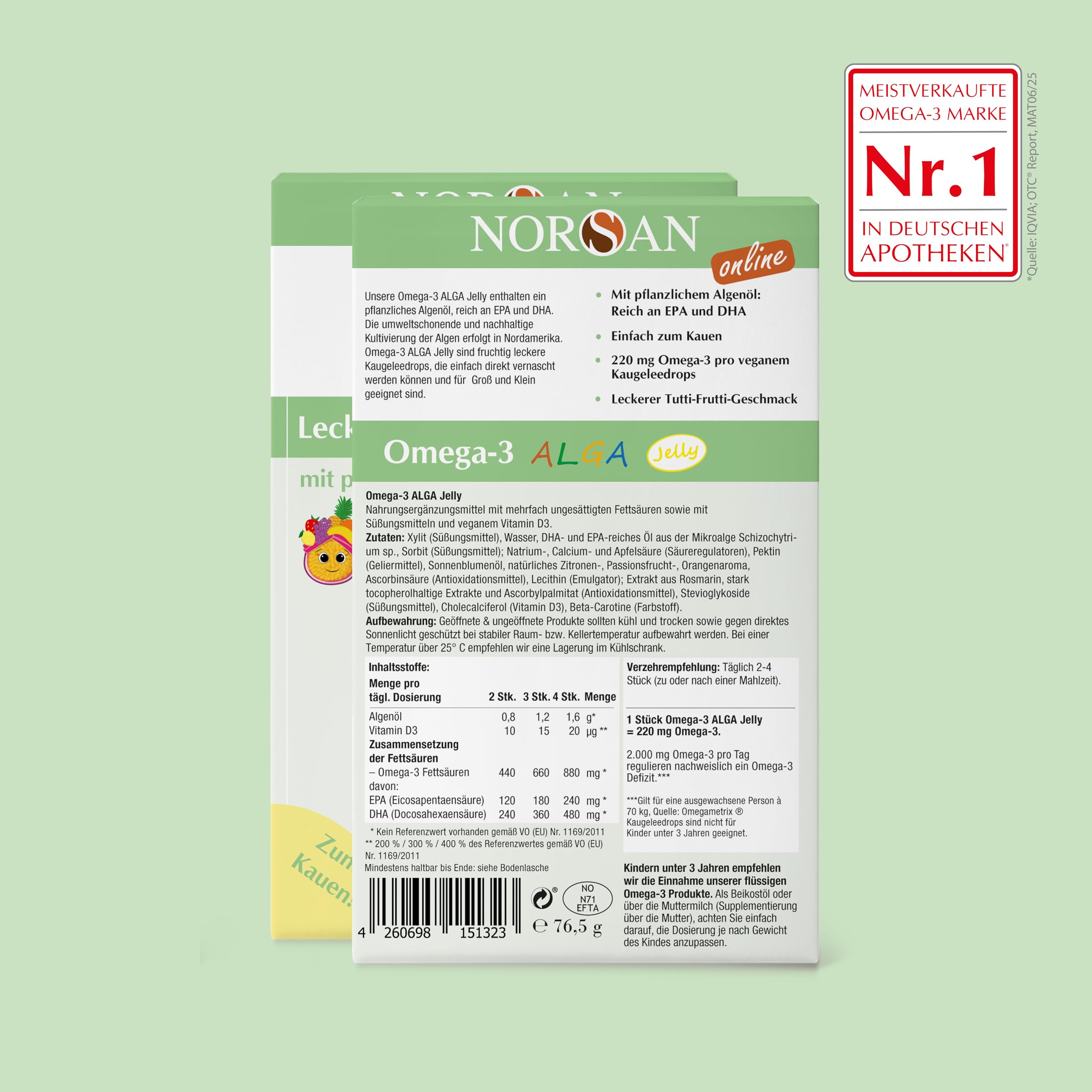 NORSAN Omega 3 ALGA JELLY 45 hochdosiert 45 Stück - Omega-3 vegan hochdosiert 220mg pro Kaugeleedrops - veganes Algenöl mit EPA & DHA - mit Tutti-Frutti-Geschmack