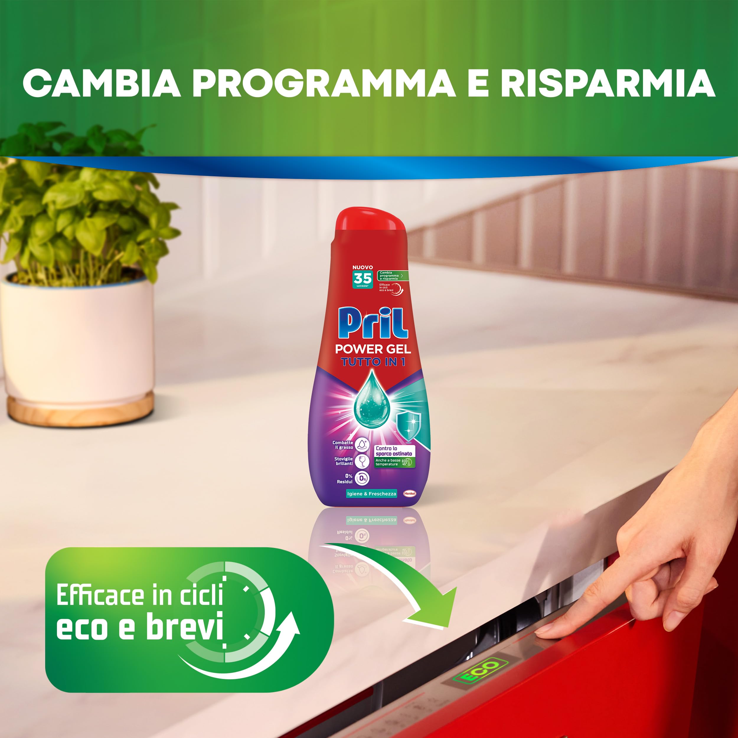 Pril Gel All in One Higiene - Detergente para lavavajillas líquido con bicarbonato - Multi-acción Sucio Difícil, paquete de ahorro de 10 botellas de 35 lavados (350 lavados)