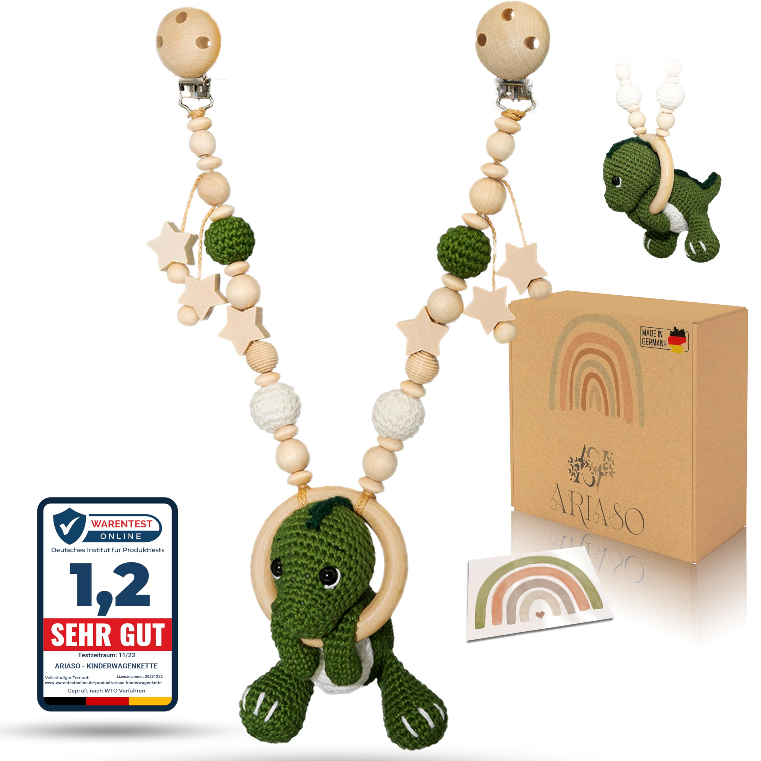 ARIASO® Pram Chain – Dinosaur Design Wooden And Cotton - View #2