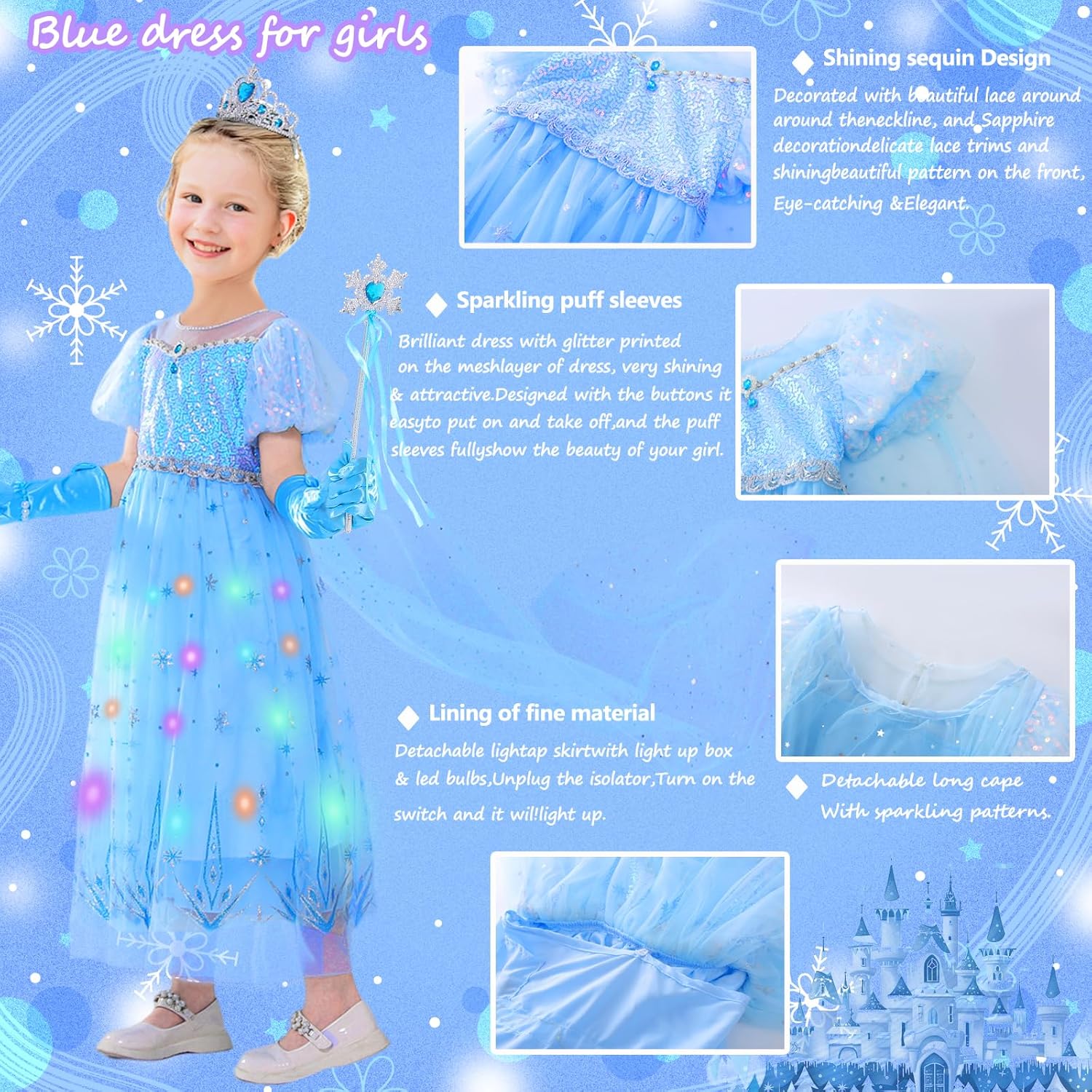 Princess Dress Up for Girls Light Up Christmas Costume Age 3-10, Princess Toys for Christmas Birthday Gift - Image 4