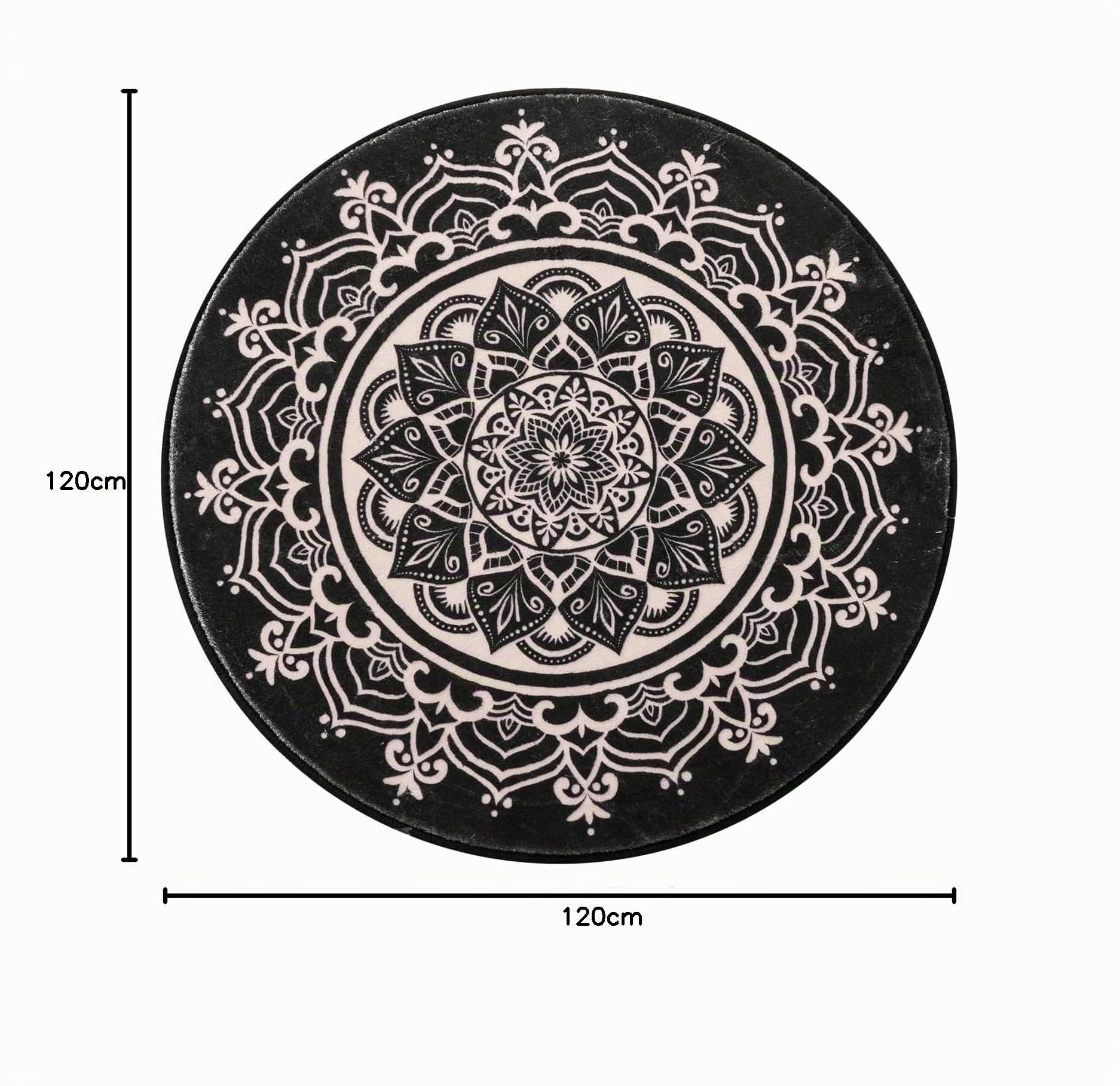 Carvapet Teppich Rund 120cm Weich und Flauschig Teppich Gegend Kreis rutschfest Waschbar Böhmisches Mandala Bodenteppich Wohnzimmer Schlafzimmer(Schwarz)