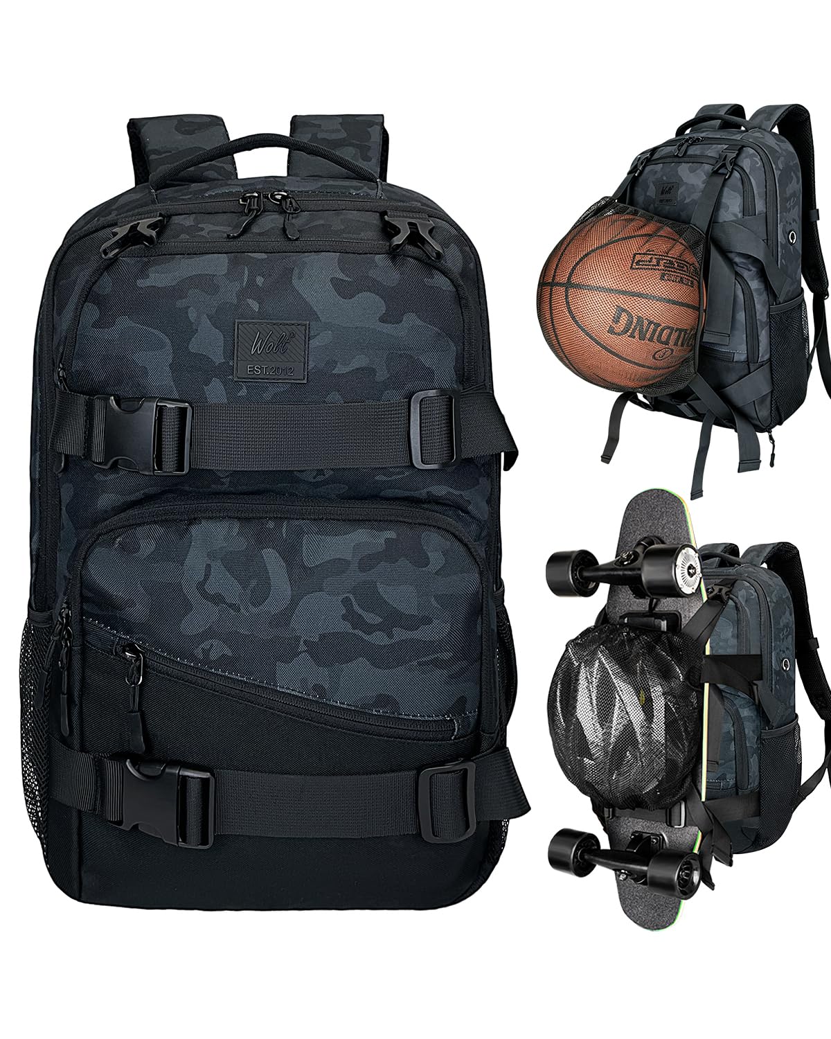 WOLT Skateboard Backpack, 15.6 Inch Laptop Backpack for Men Women, Sports Backpack with Ball Holder