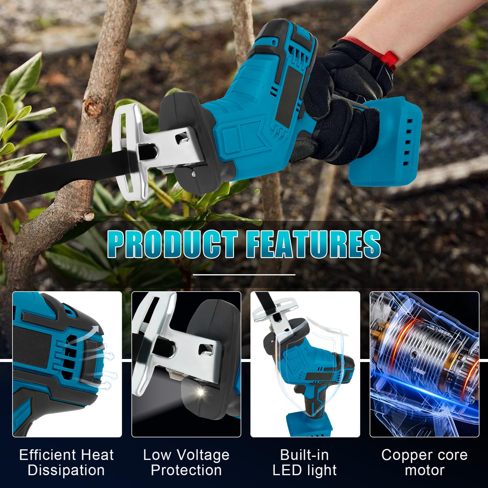 Sega a Gattuccio Compatibile con Makita 18V, Seghetto con Serratura di Sicurezza e Luce a LED, Velocità Variabile 0-3000 SPM, 4 Lame (con 1.5 Ah Batteria e Caricabatteria)