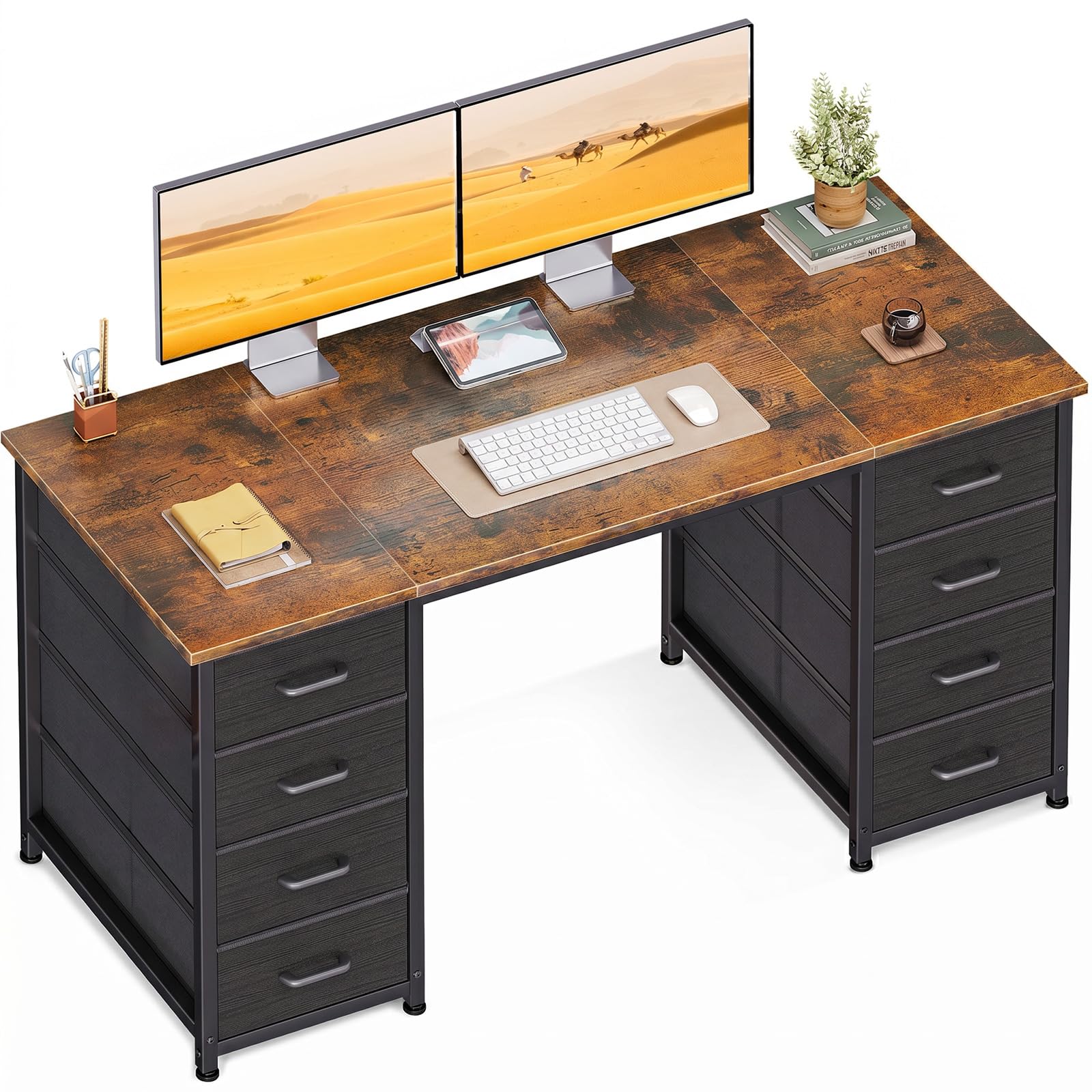 Coleshome Schreibtisch mit 8 Schubladen, Bürotisch, Computertisch mit Stoffschubladen Arbeitstisch für Home Office, Arbeitszimmer