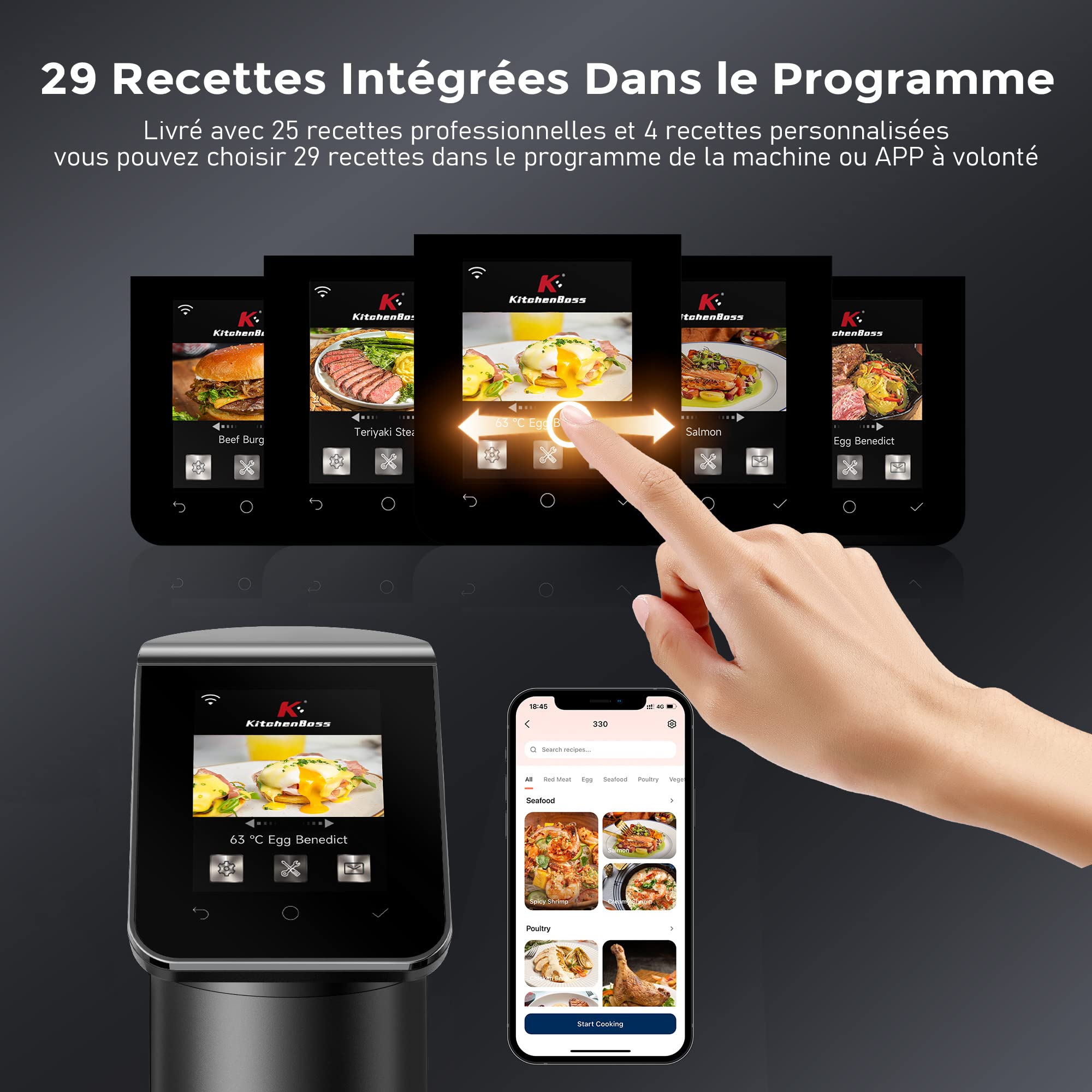 KitchenBoss Thermoplongeur WLAN Cuiseur Sous Vide: G330 Wifi Cuisson Sous Vide, 1100W,IPX7 Imperméable à l'eau d'Immersion de Cuisinière Thermostat Réglable APP Contrôle, Acier inoxydable, Noir