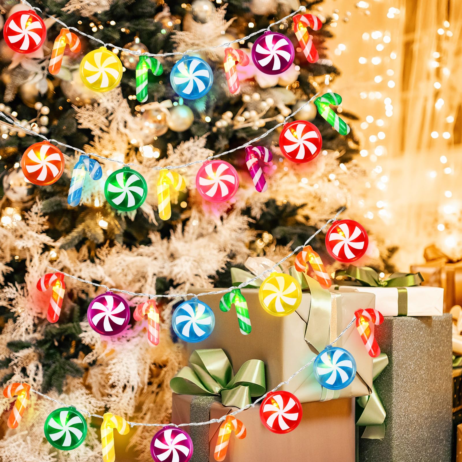 Gejoy 2 luci natalizie a forma di caramella da 3,5 m, 21 LED, a batteria, in 7 colori, simpatiche lampadine alla menta piperita, per interni ed esterni, compleanni, matrimoni, casa (lecca-lecca e