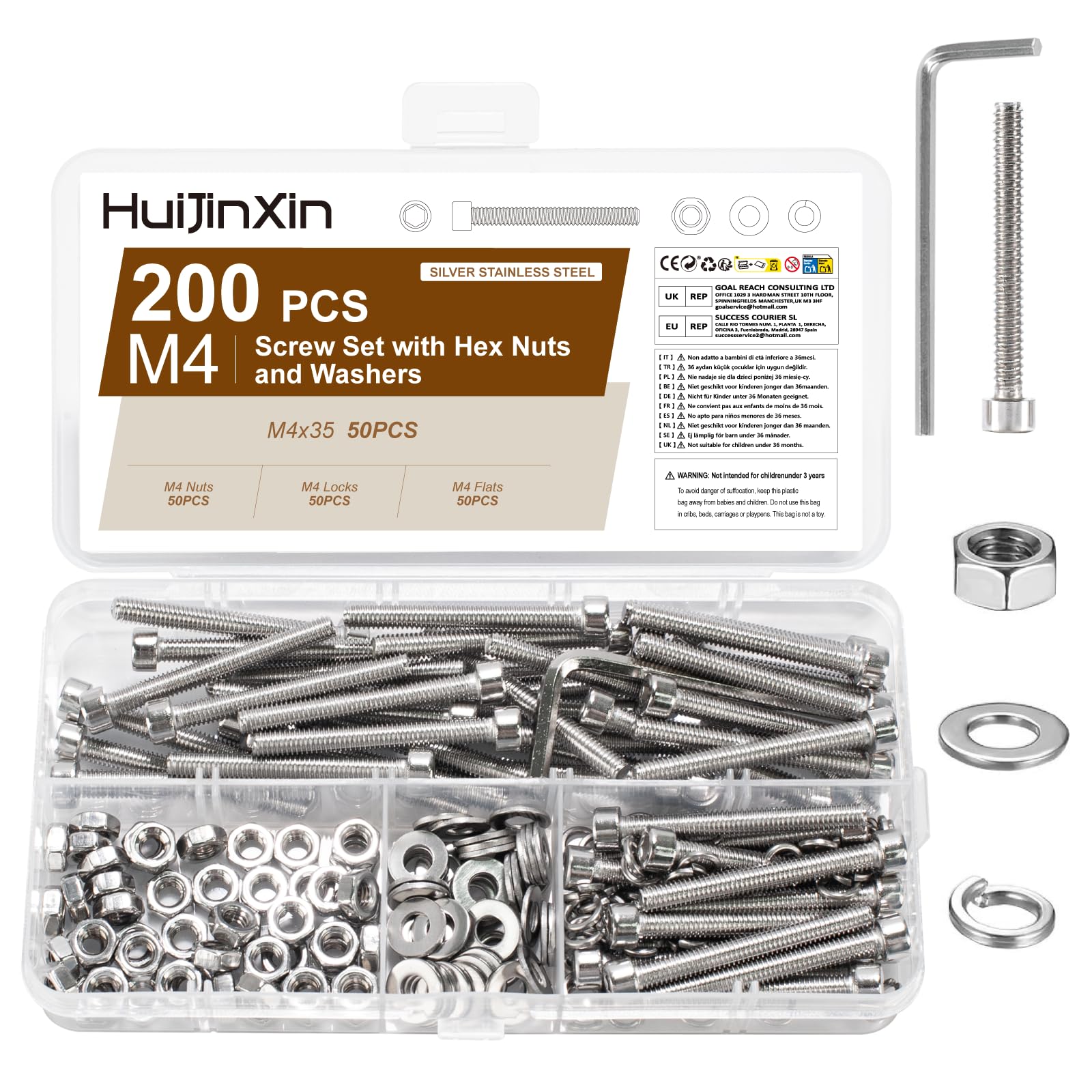 200 PCS M4x35mm Bolts Set, Machine Screws Nuts and Bolts Assortment, Stainless Steel Hex Socket Head Cap Screws Bolts and Nuts Set, Hex Socket Screw with Lock & Flat Washers Sets