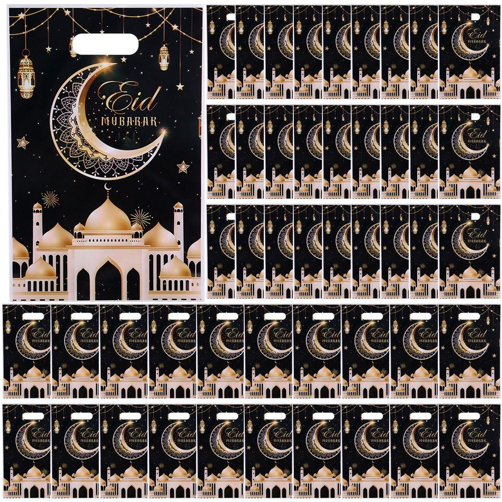 Keuyeo 50pcs/set Eid Mubarak Party Favor Bag Mosque Ramadan Theme Printed Pattern Gift Bags Eid Sweet Candy Gift Bags Supplies