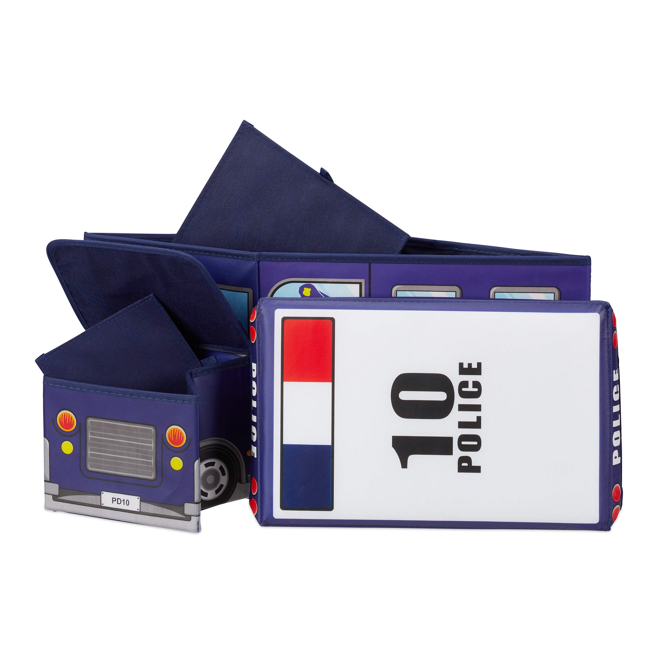 Relaxdays Sgabello Bambini Contenitore Giocattoli con Scomparto, Pieghevole, Furgone della Polizia 50 l, Blu Scuro