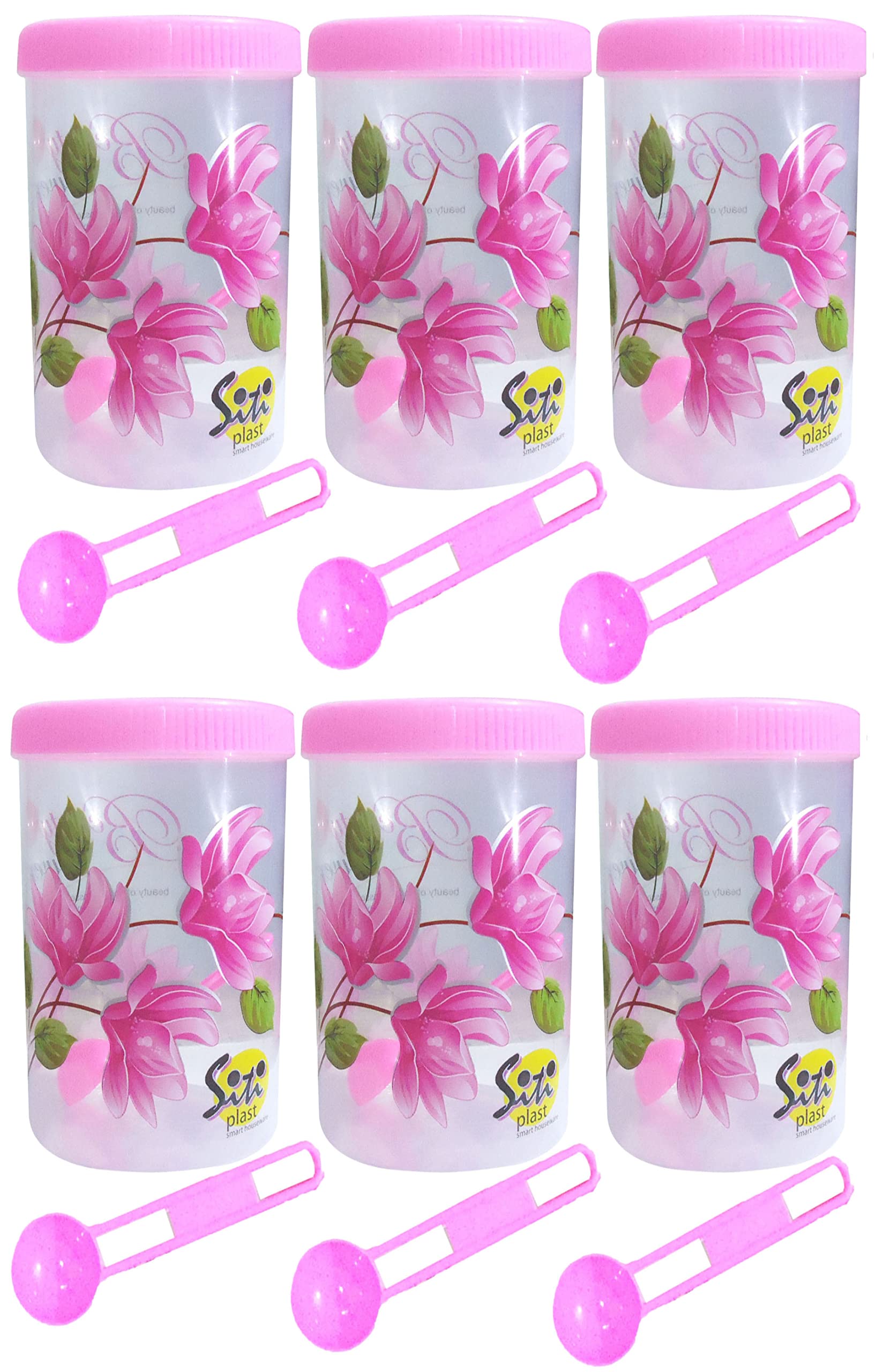 Neelu Beautiful Flower Print Plastic Round Shape Storage Jar and Container with Spoon Grocery Airtight Kitchen Containers| Air Tight |Kitchen Organiser | BPA Free(Pack of 6,750 ml Each,Pink)