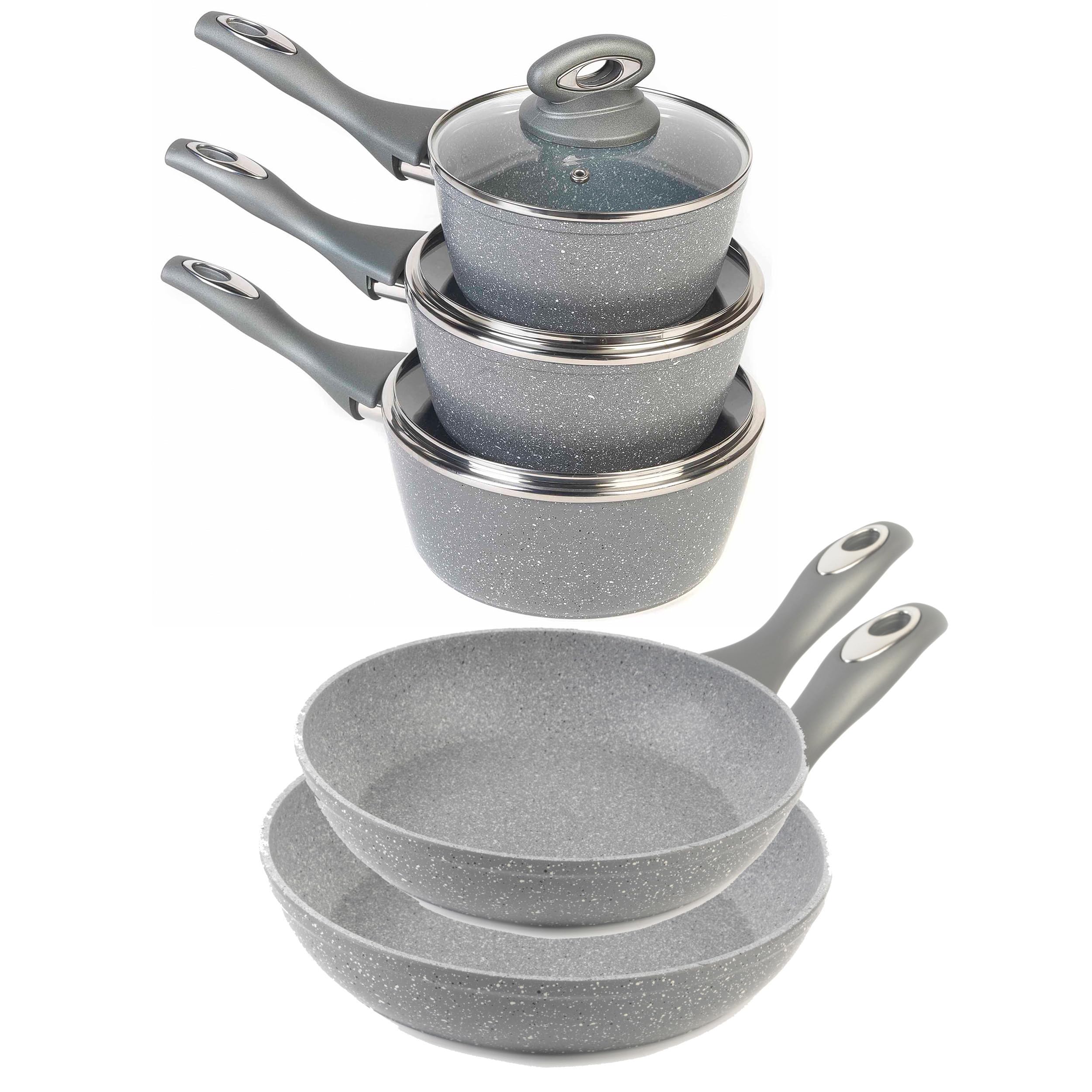 SalterCOMBO-6440 Pot and Pan Set, 5 Piece with 16/18/20cm Saucepans, 20/24cm Frying Pans, Non-Stick, Induction Suitable, Cooking Pots with Lids, Forged Aluminium, Marblestone Collection, Grey
