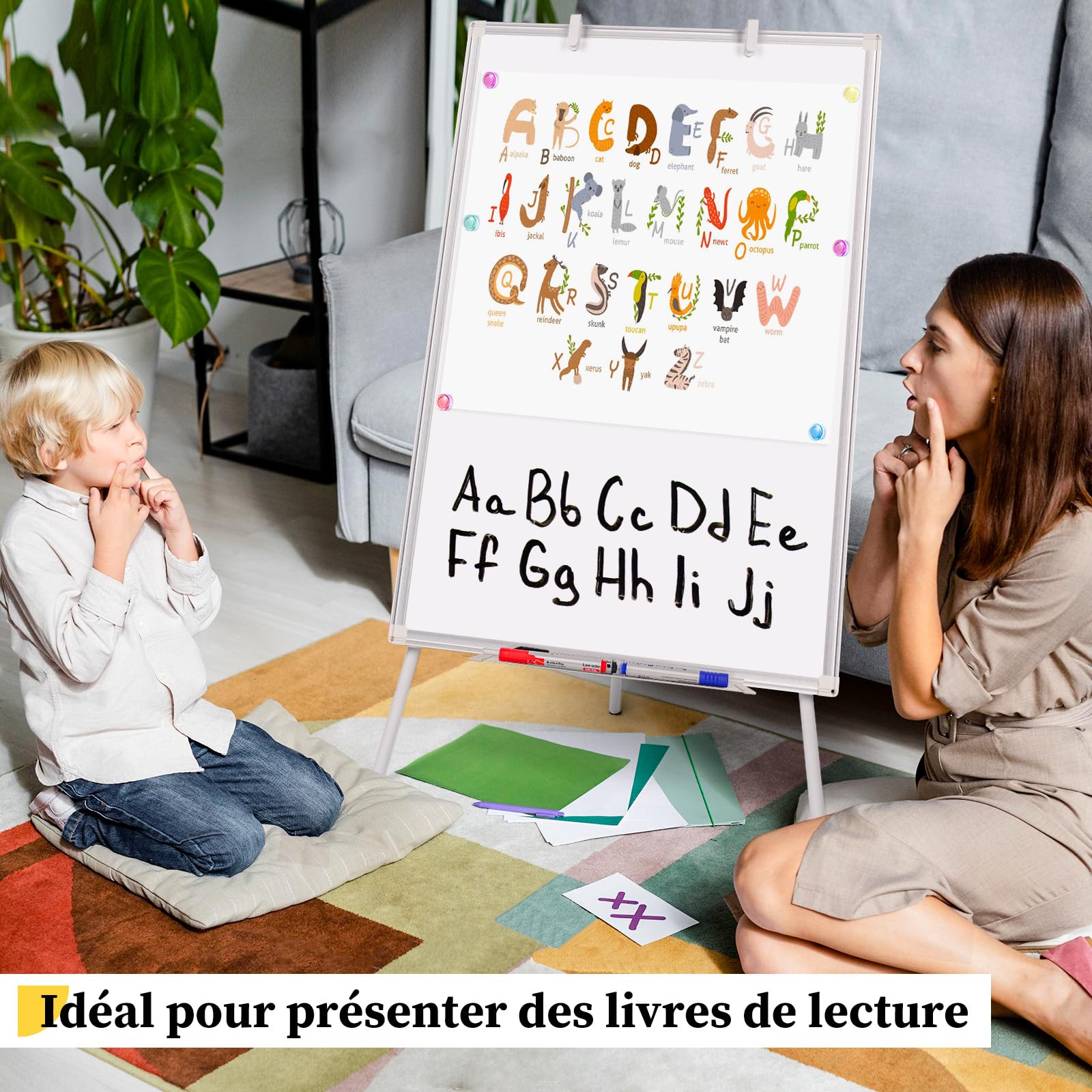 maxtek Tableau Blanc Effacable sur Pied, 90x60 cm Tableau Magnétique de Chevalet, Hauteur Réglable avec Support, Whiteboard Cadre en Aluminium, Mobile Paperboard Pliable de Tableau de ConféRence