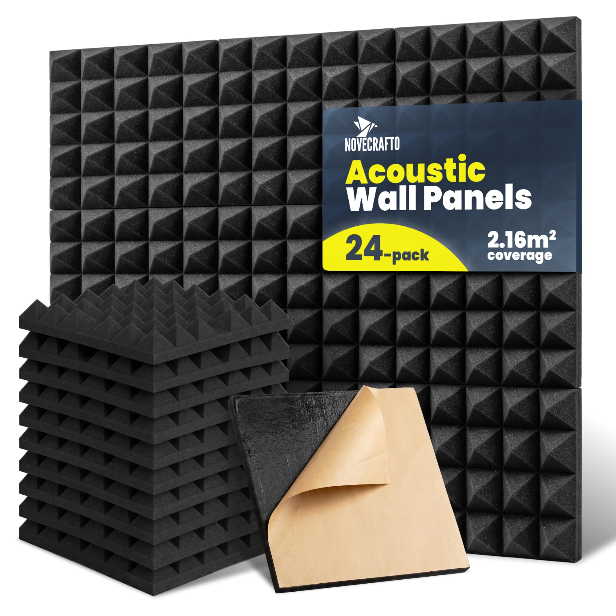 Novecrafto Black Self-Adhesive Acoustic Wall Panels, 24 Pack (2.16 M²)