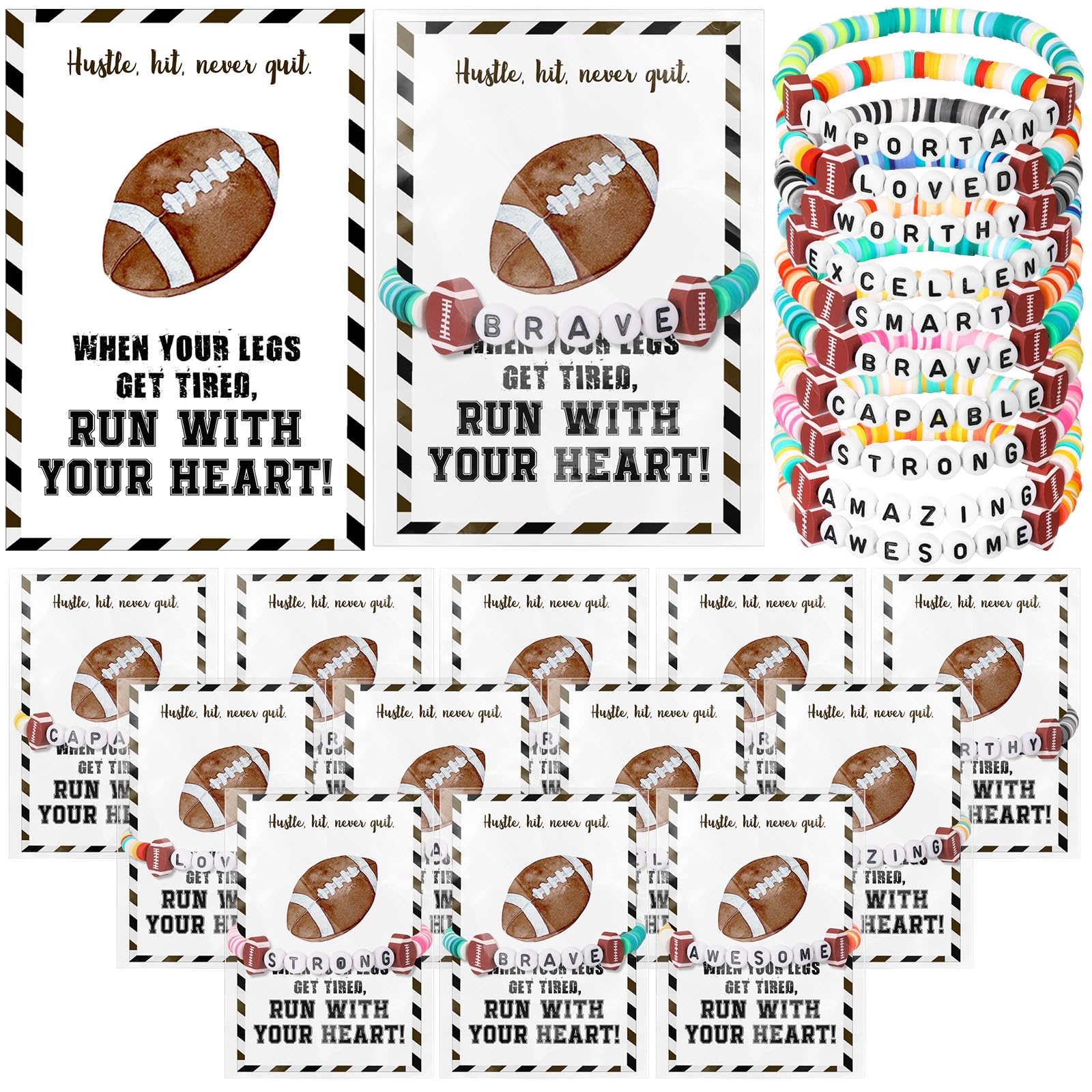 Zeyune 20 Set Football Bracelets Football Team Gifts Bulk for Women Men Stackable Clay Bead Adjustable Bracelets Inspirational Sports Cards for Adults