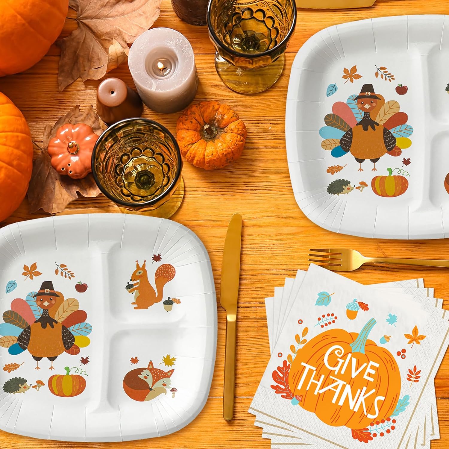 Havawish 60 Pack Thanksgiving Divided Plates for Kids and Napkins Set 24 Pcs Happy Turkey Day Paper Plates 36 Pcs Give Thanks Disposable Napkins for Family Autumn Harvest Festival Party Decorations