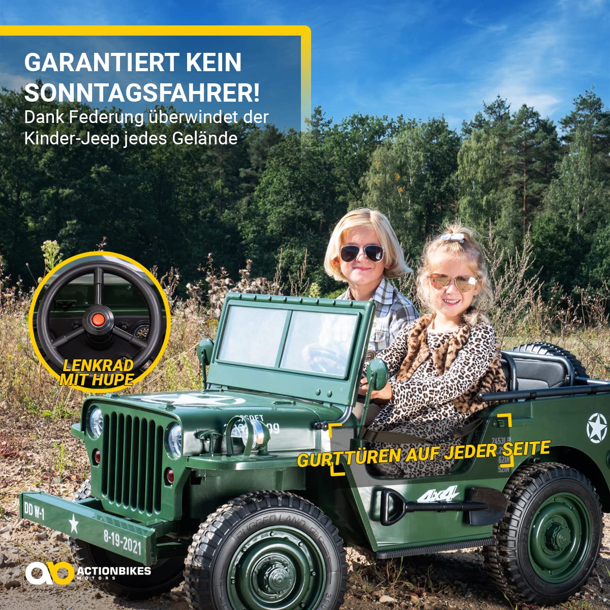 Actionbikes Motors Kinder Elektroauto Jeep Willys | Fernbedienung mit First Funktion - 4x4 Allrad Antrieb - Kinderauto elektrisch - Elektrofahrzeuge - Elektro Auto für Kinder ab 3 Jahre (Grün)