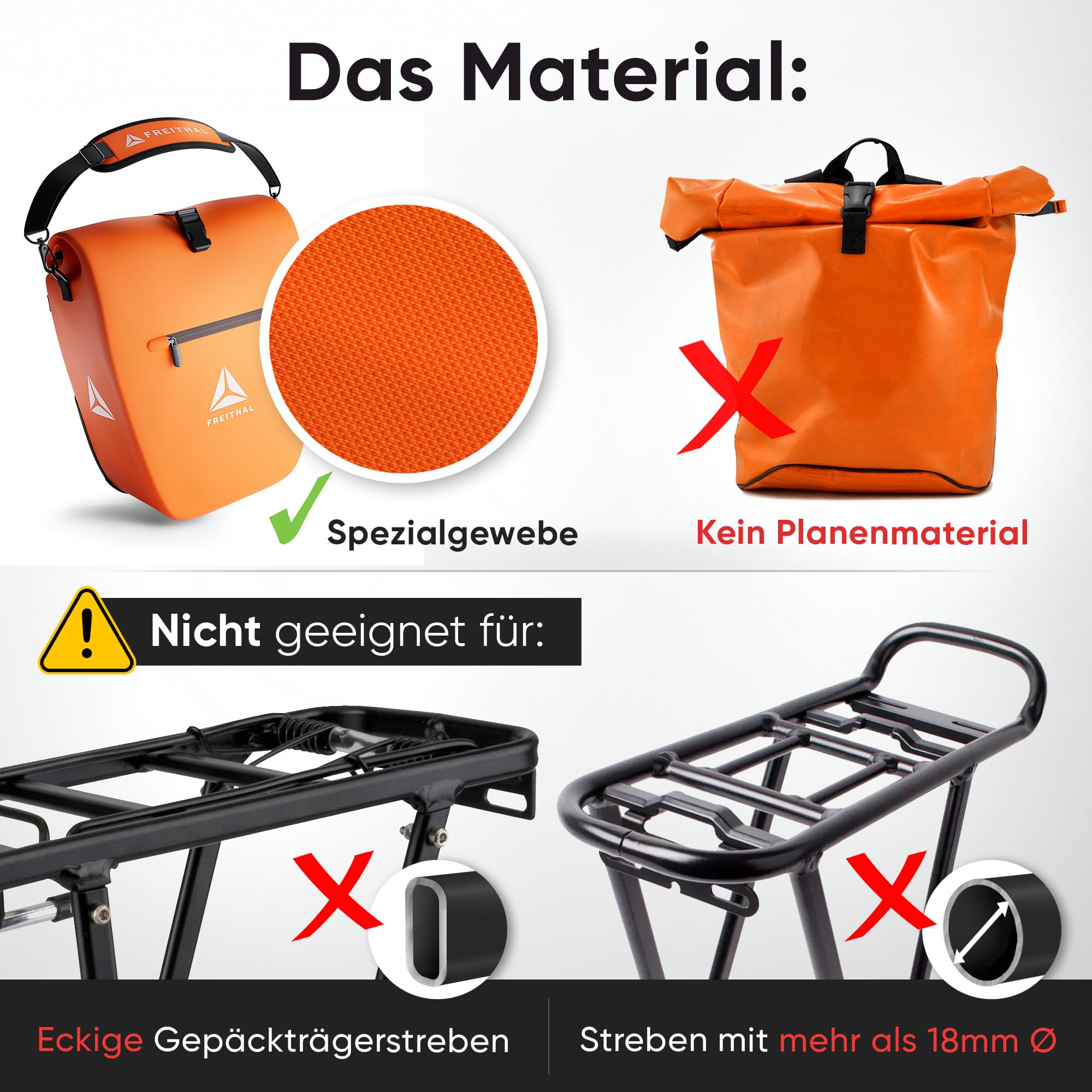 FREITHAL Borsa per bicicletta, portapacchi, 27 l, arancione | Impermeabile, con catarifrangenti, trasportabile come borsa a tracolla, per portapacchi, capacità 27 litri