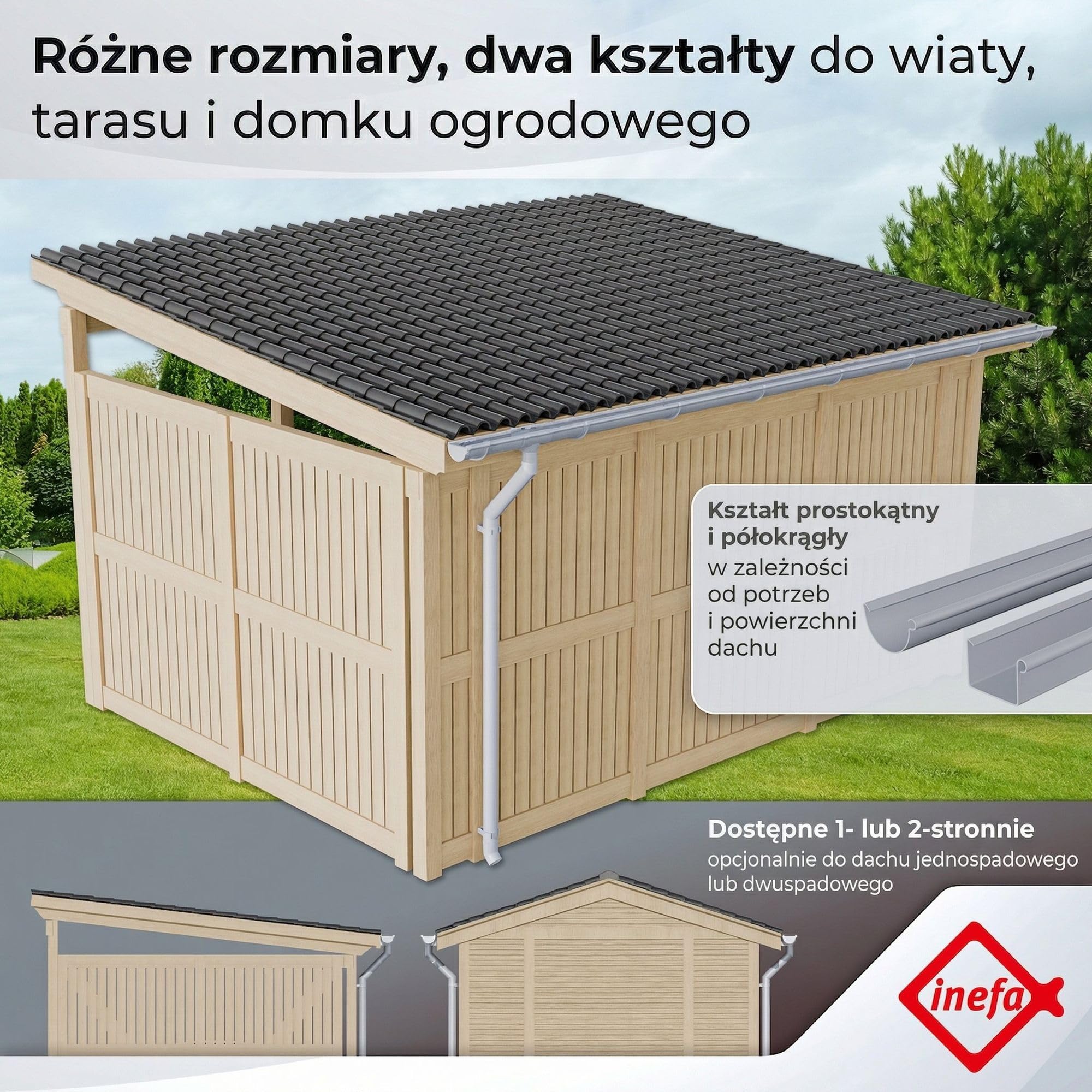 INEFA zestaw rynnowy 2x PVC NW100 / 100 mm półokrągły 5 m antracyt, rynna do domku i wiaty, komplet rynien, Made in Germany
