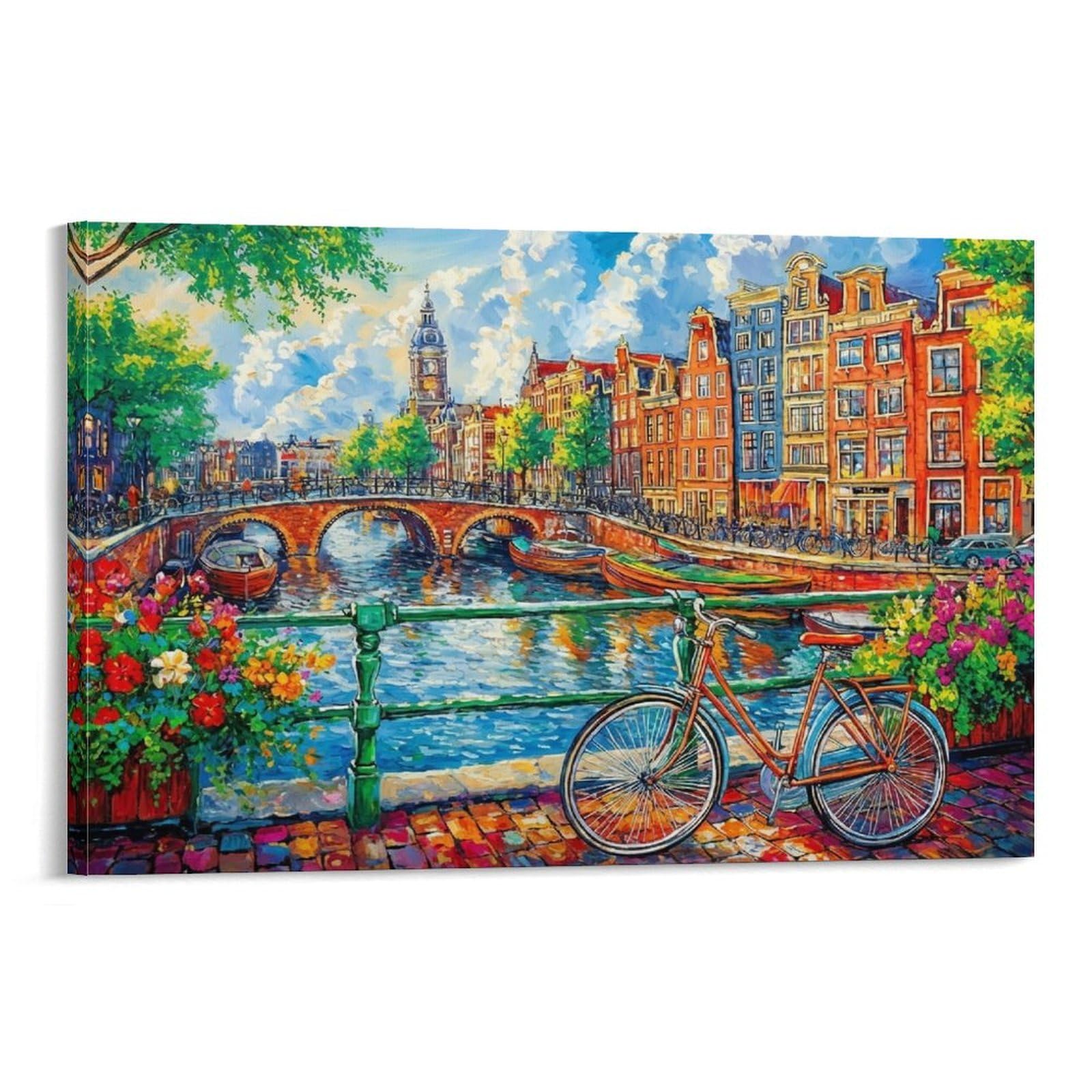 CPLVKWRQJ Amsterdam Canal Scene 1 Piece Amsterdam Canal Bicycle Scene Canvas Wall Decor - Bedroom Canvas Painting Easy to Clean Space Transformer Art 20x30inch(50x75cm)