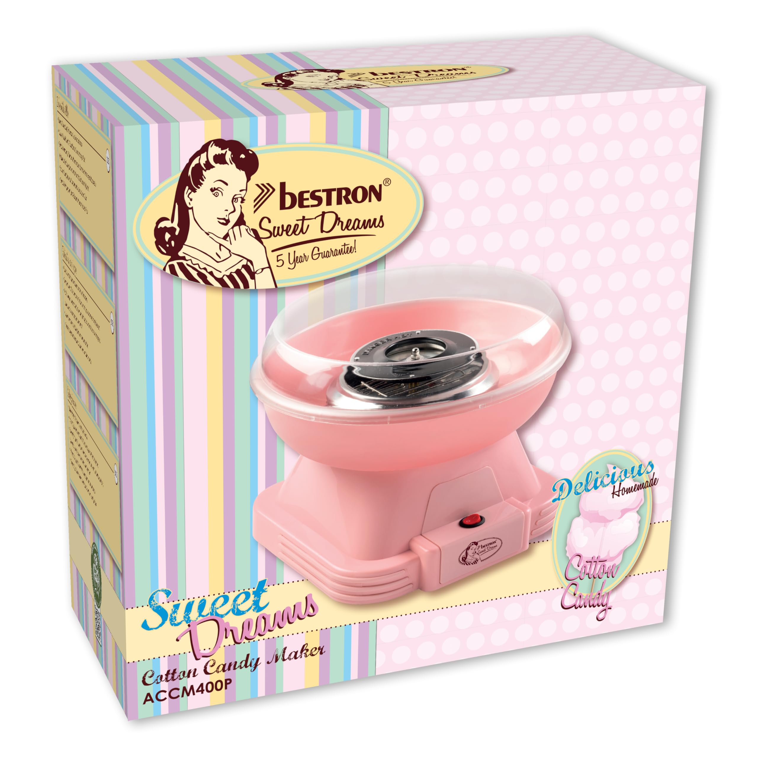 Bestron Máquina de Algodón de Azúcar, Retro Cotton Candy Maker para el hogar, con 10 palitos y cuchara medidora, ideal para fiestas infantiles y diversión en casa, Sweet Dreams Collection,Color: Rosa