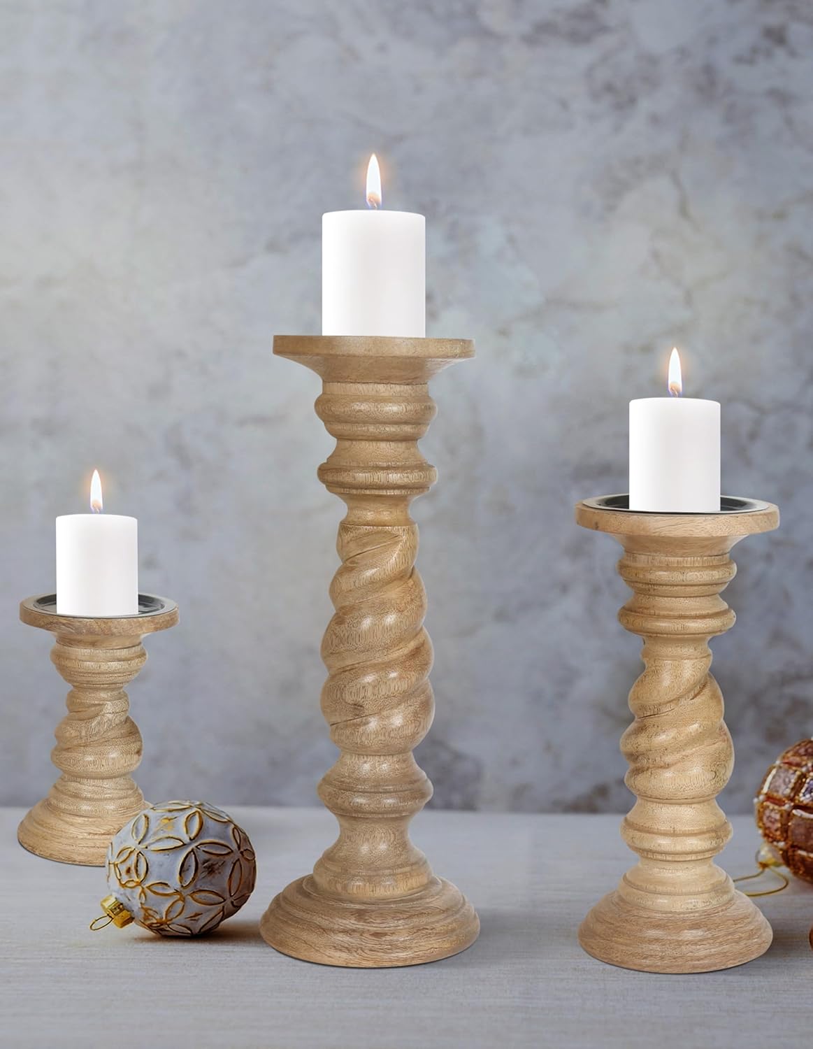 Rustic White Wash Pillar Candle Holders Set of 3 – Rope Design, 12" 9" 6" Heights – Farmhouse Candle Holders for Table Centerpiece & Decor – Fits Pillar Candles – Vintage Home Accent