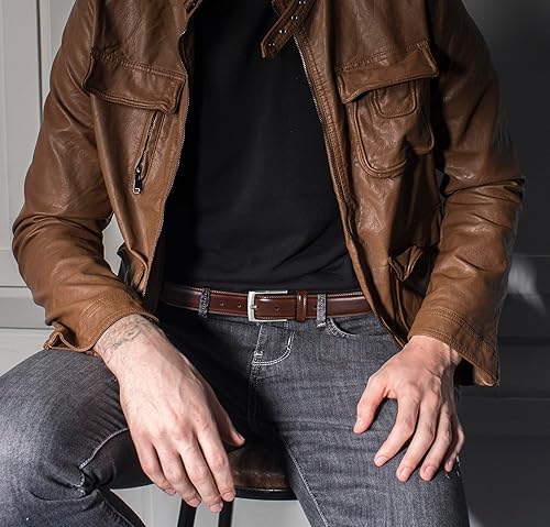 Miniatura 3 de MILORDE Cinturón de vestir de cuero para hombre, 2 unidades, hecho a mano, cuero genuino, diseños clásicos y modernos para el trabajo, negocios