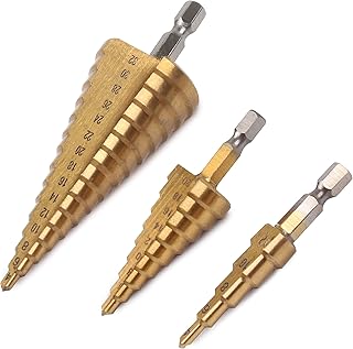 HSS Step Drill Bit Set, 3Pcs Hex Shank Coated Step Drill Bits Set,4-12/20 / 32mm Large Titanium HSS Step Cone Drill Bit