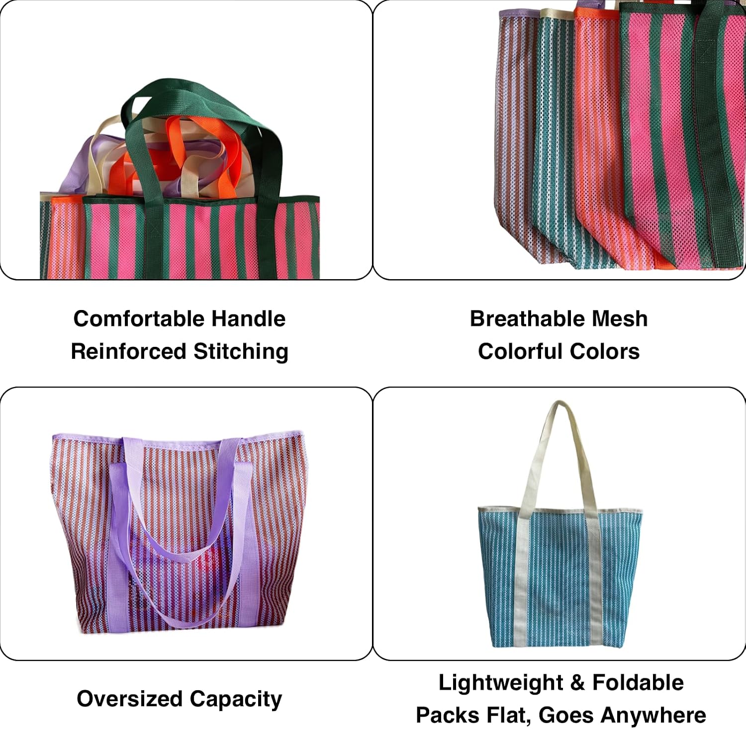 2PCS Striped Mesh Beach Shoulder Tote Bag for Travel Grocery Toy image 4