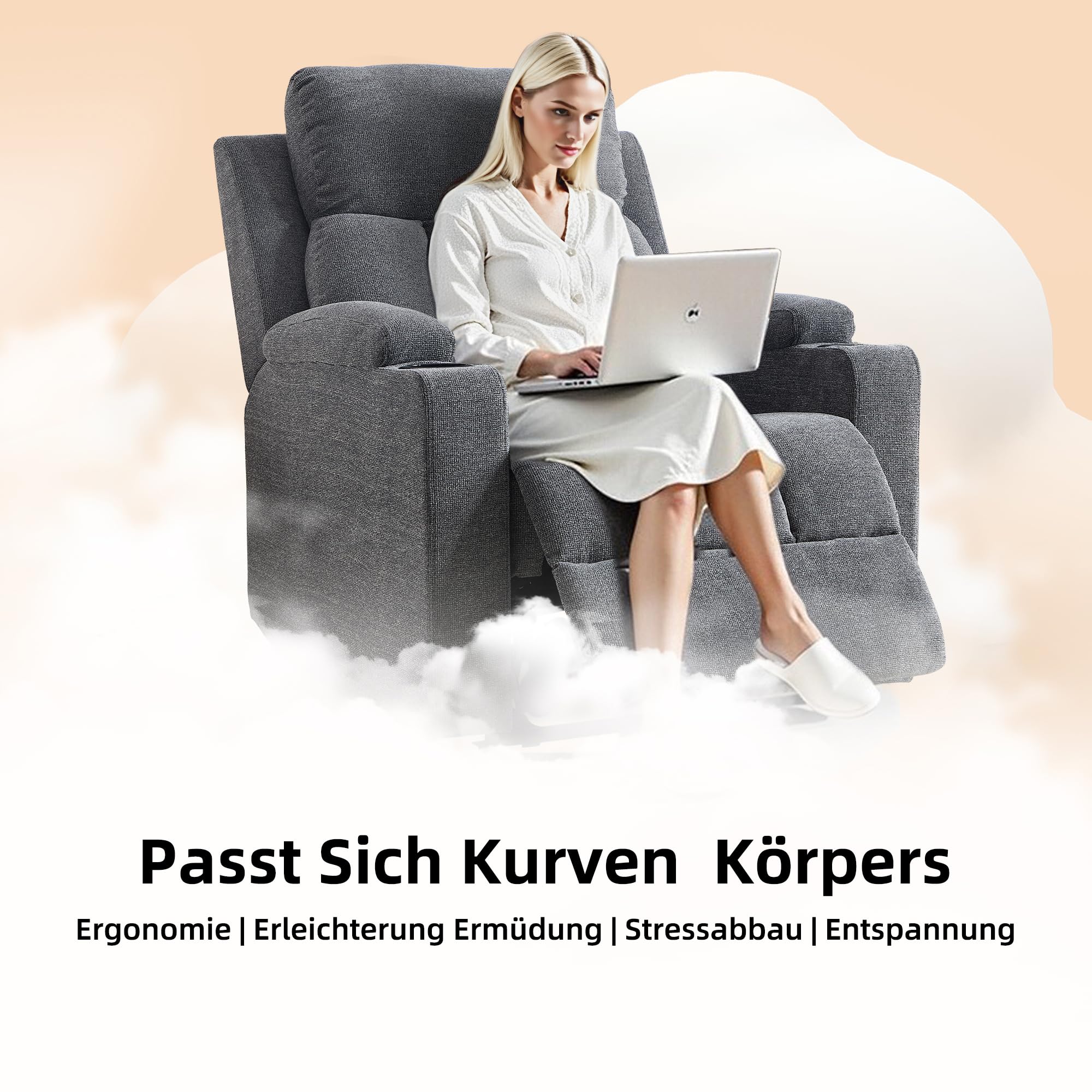 Simore Sillón de Relax Manual con función reclinable y Soporte para Bebidas | sillón de televisión con reposapiés y reposacabezas suave, soporta hasta 150 kg, sillón de TV para salón, color gris