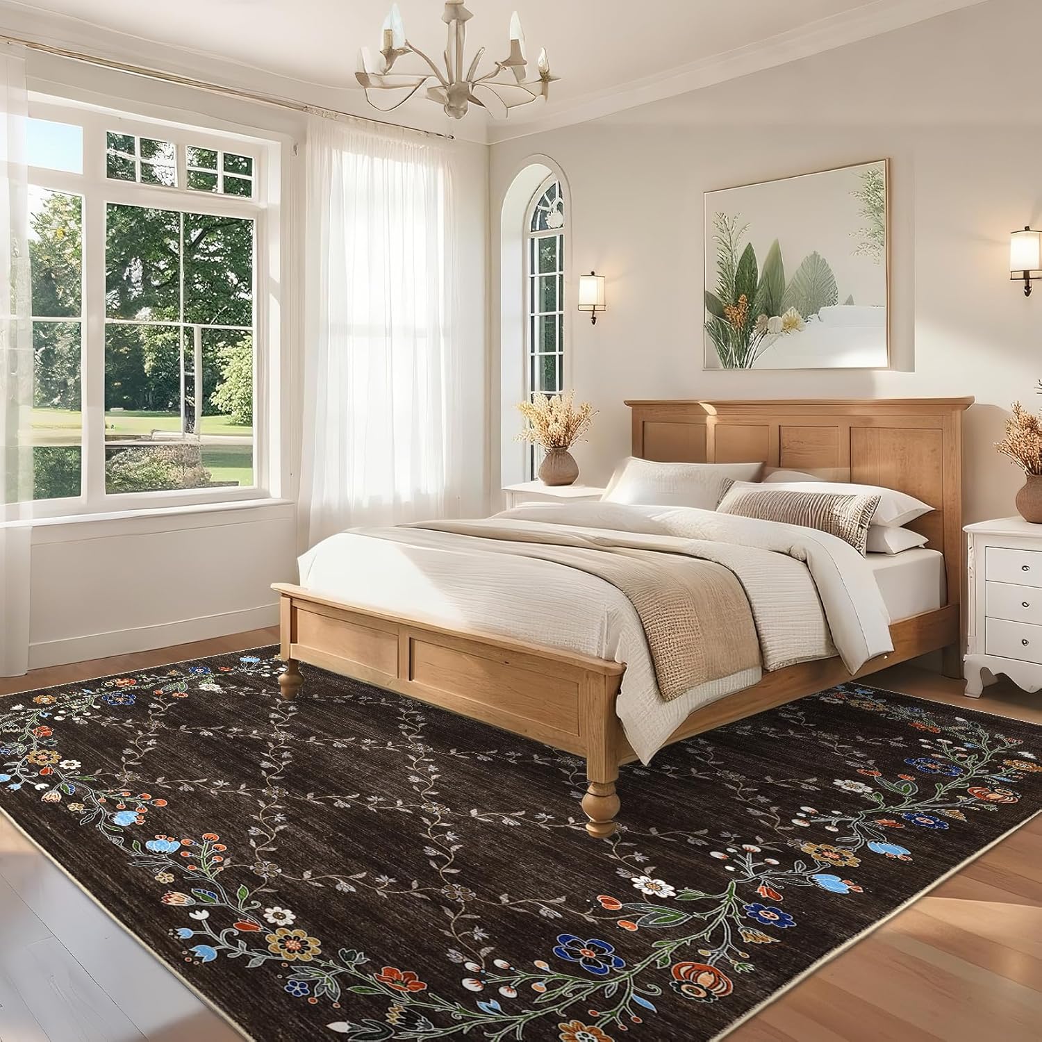 GarveeHome Washable Area Rug 4x6, Small Living Room Rug with Non-Slip Backing, Vintage Floral Rug for Bedroom, Flower Carpet for Kitchen Entryway Office Nursery Entrance Enytry Indoor, 4x6 Brown
