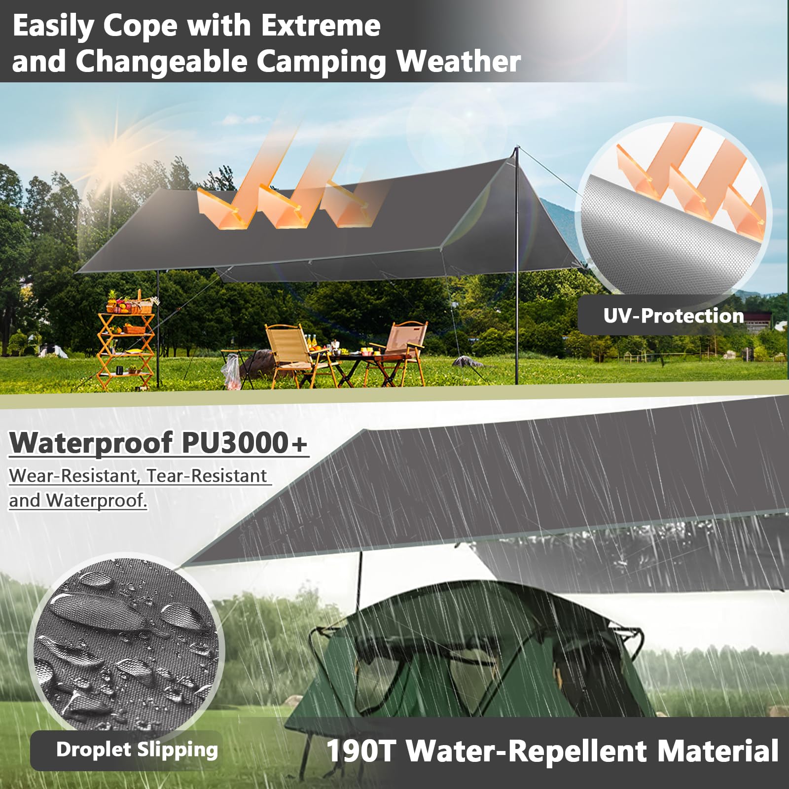 3x3M Camping Bâche, Tarp Bivouac Anti UV, Ripstop, Kit de Bâche Imperméable avec Oeillets, 6 Piquets en alu, 6 Cordes, pour Bivouac, Randonnée, Trekking, Hamac, Auvent Van Fourgon, Extérieur