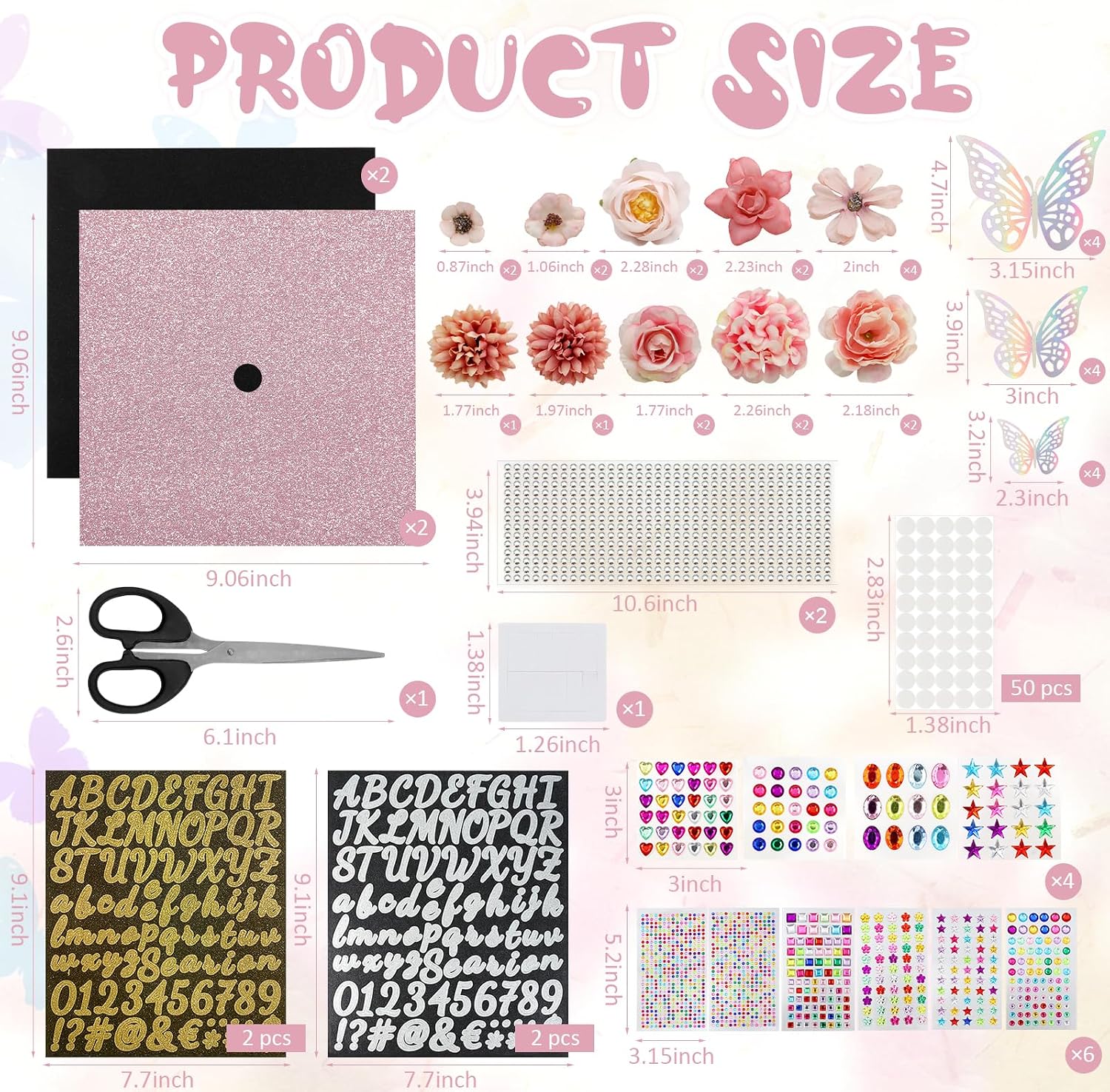 ZYNERY Graduation Cap Decorations Kit, Grad Cap Decorations Includes Glitter Paper 3D Butterfly Faux Flower Self-Adhesive Rhinestones Letter Number Stickers Scissors - for DIY Graduation Cap Topper