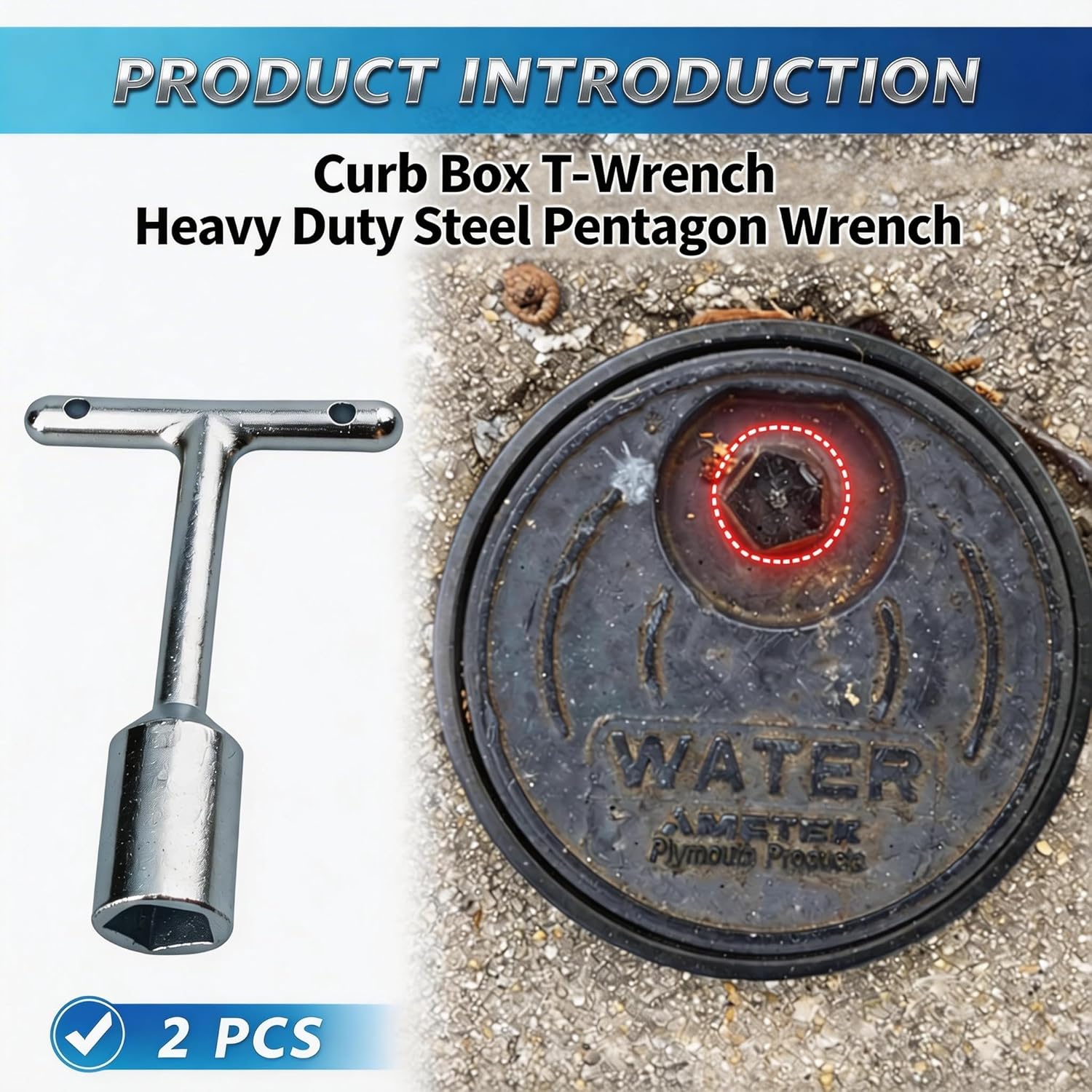 T Handle Penta Socket Wrench Set (2-Pack) - Heavy Duty Carbon Steel Tool for Water Meter Keys, Curb Boxes & Pad-Mounted Transformers