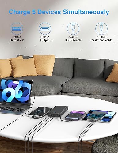 Miniatura 7 de Cargador portátil con enchufe de pared, cargador de batería USB C de 12000 mAh de carga rápida, batería externa con cables integrados, pantalla