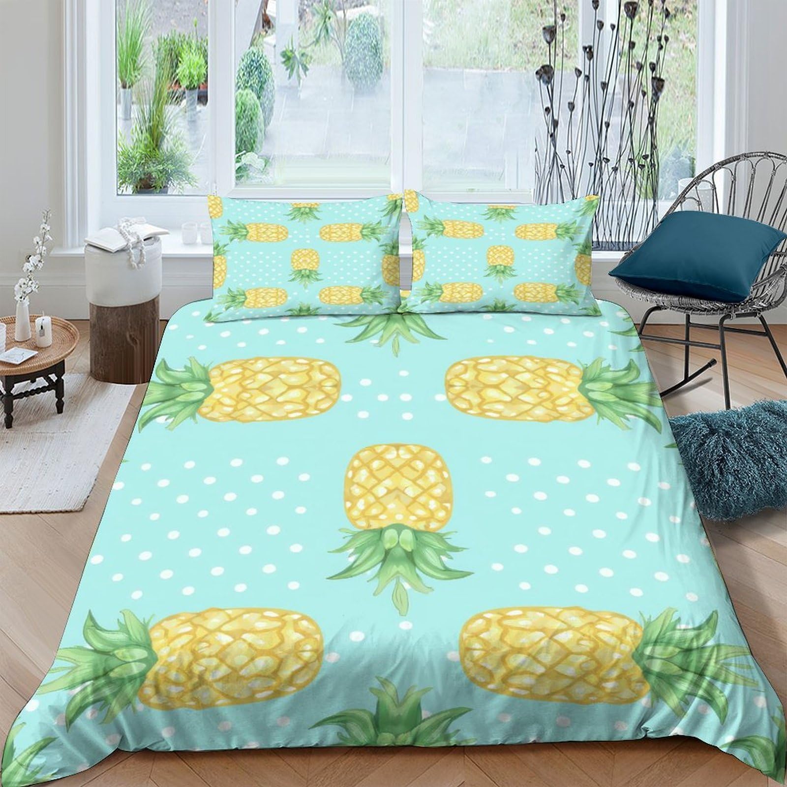 GPLZQXKJNH 3D Printed Pineapple Pattern Duvet Cover Microfiber Soft Breathable Yellow Fruit Bedding Set with 2 Pillowcases for Bedroom Decor Single（135x200cm）