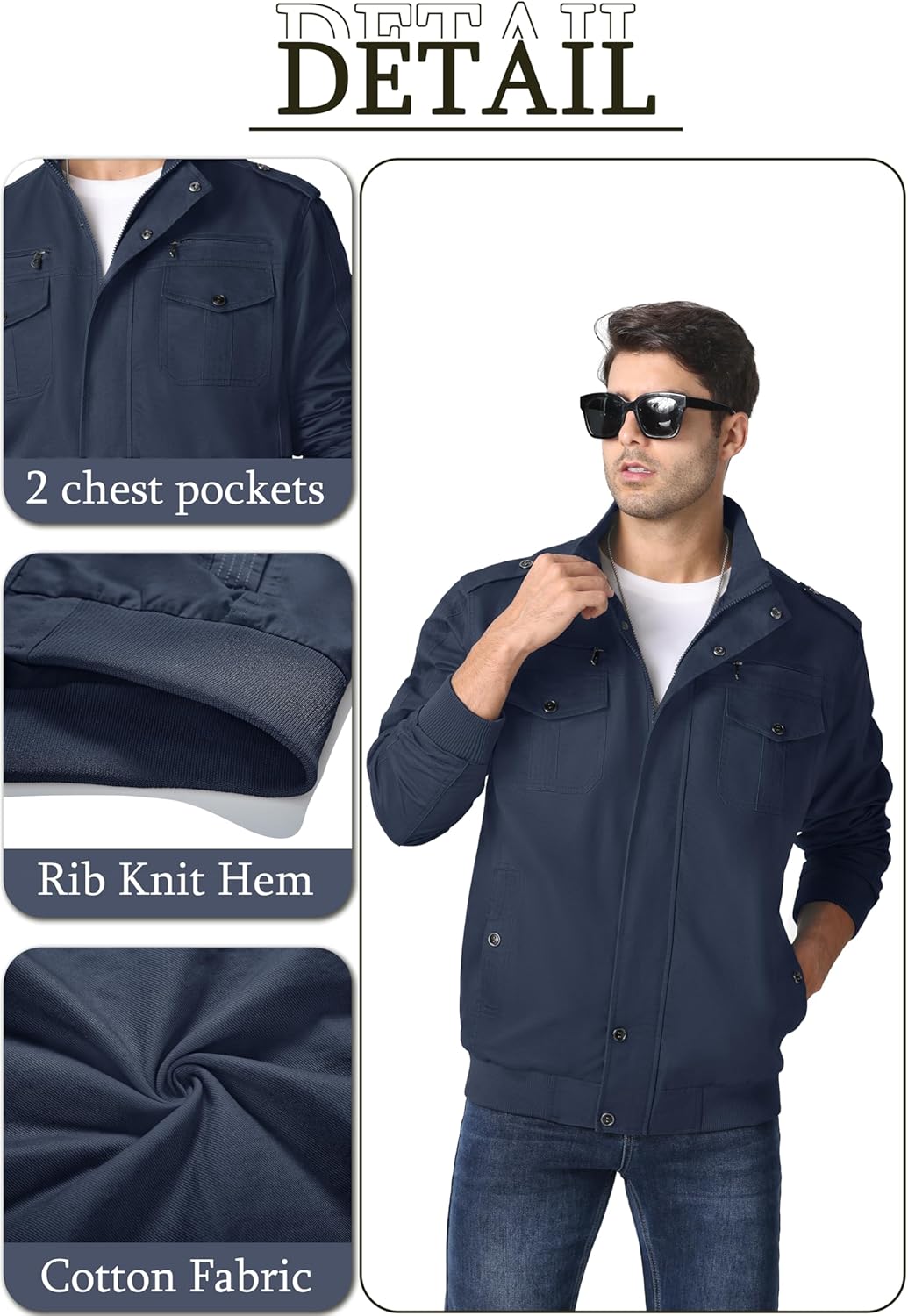 MAGNIVIT Men's Military Lightweight Army Windbreaker Cargo Jacket With Stand Collar, Zip Front, 7 Pockets - Cotton - Image 6