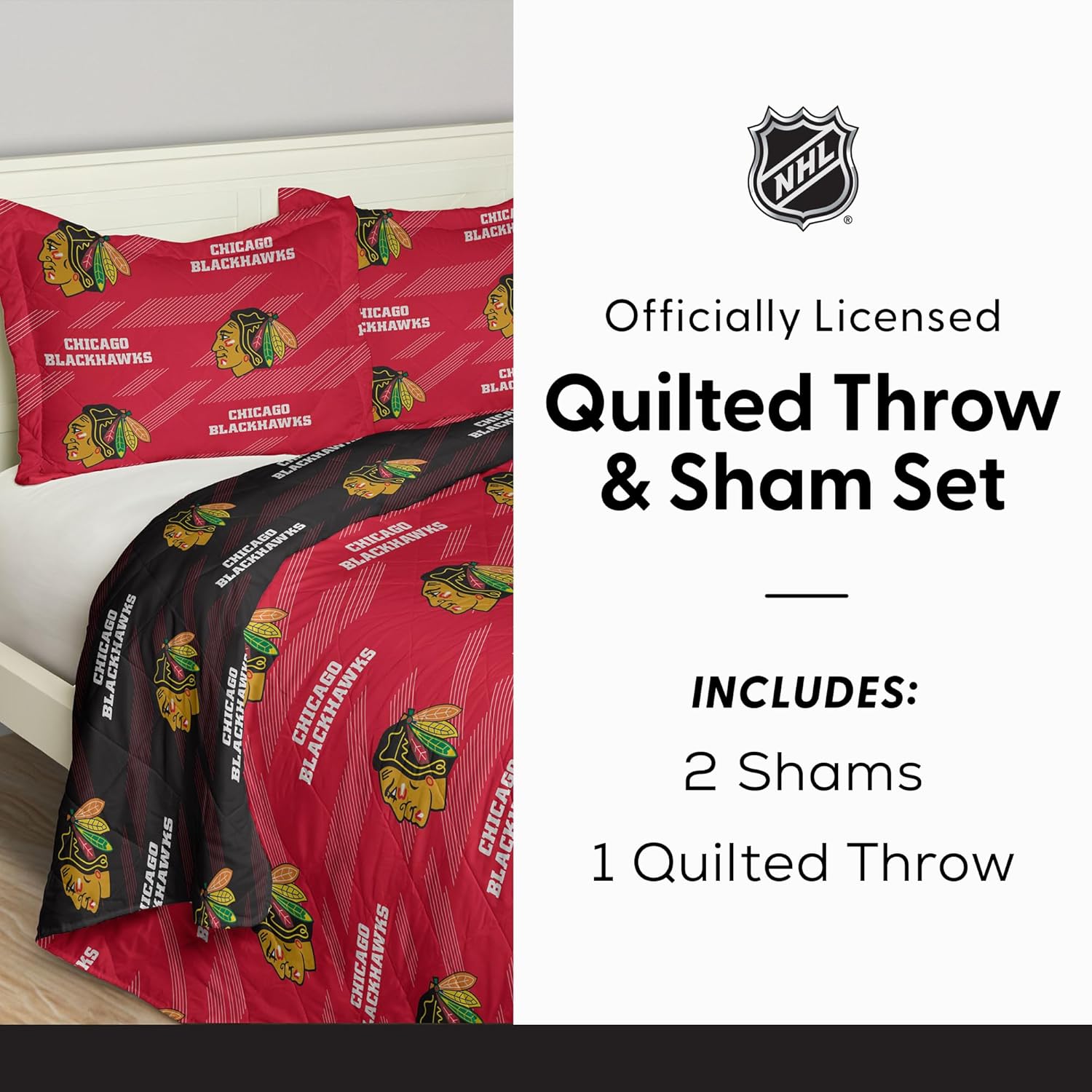 Northwest NHL Quilted Throw Blanket with 2 Shams, Soft Cozy Bedding, All Seasons, 90 x 90 inches
