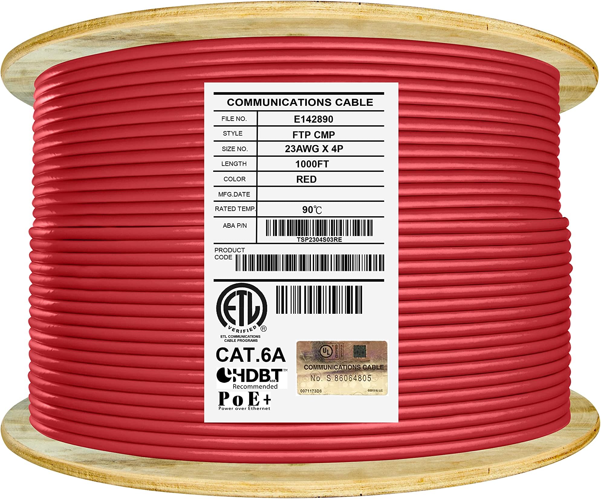 CAT6A Shielded Plenum (CMP), 1000ft, FTP 23AWG, Solid, Pure Copper, 650MHz, 10Gb, UL Certified, UL-LP Certification, Bulk Ethernet Cable Reel in Red