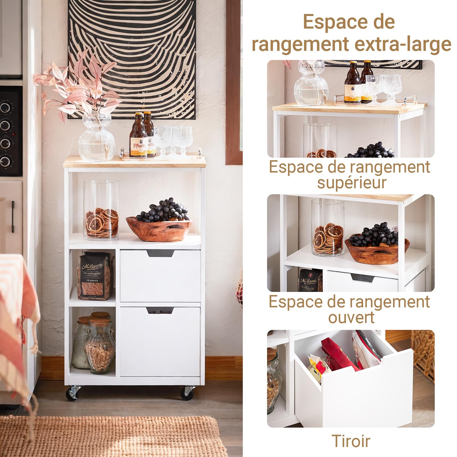 SoBuy Desserte Cuisine avec Freins, 2 tiroirs, 3 étagères, 89x53x37 cm | Chariot de Cuisine avec plan stable et poignée intégrée, 42 kg de charge, PB/métal, cuisine/maison, Blanc-Naturel, FKW111-WN