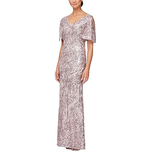Alex Evenings Women's Sequin Stretch Lace Cold Shoulder Gown