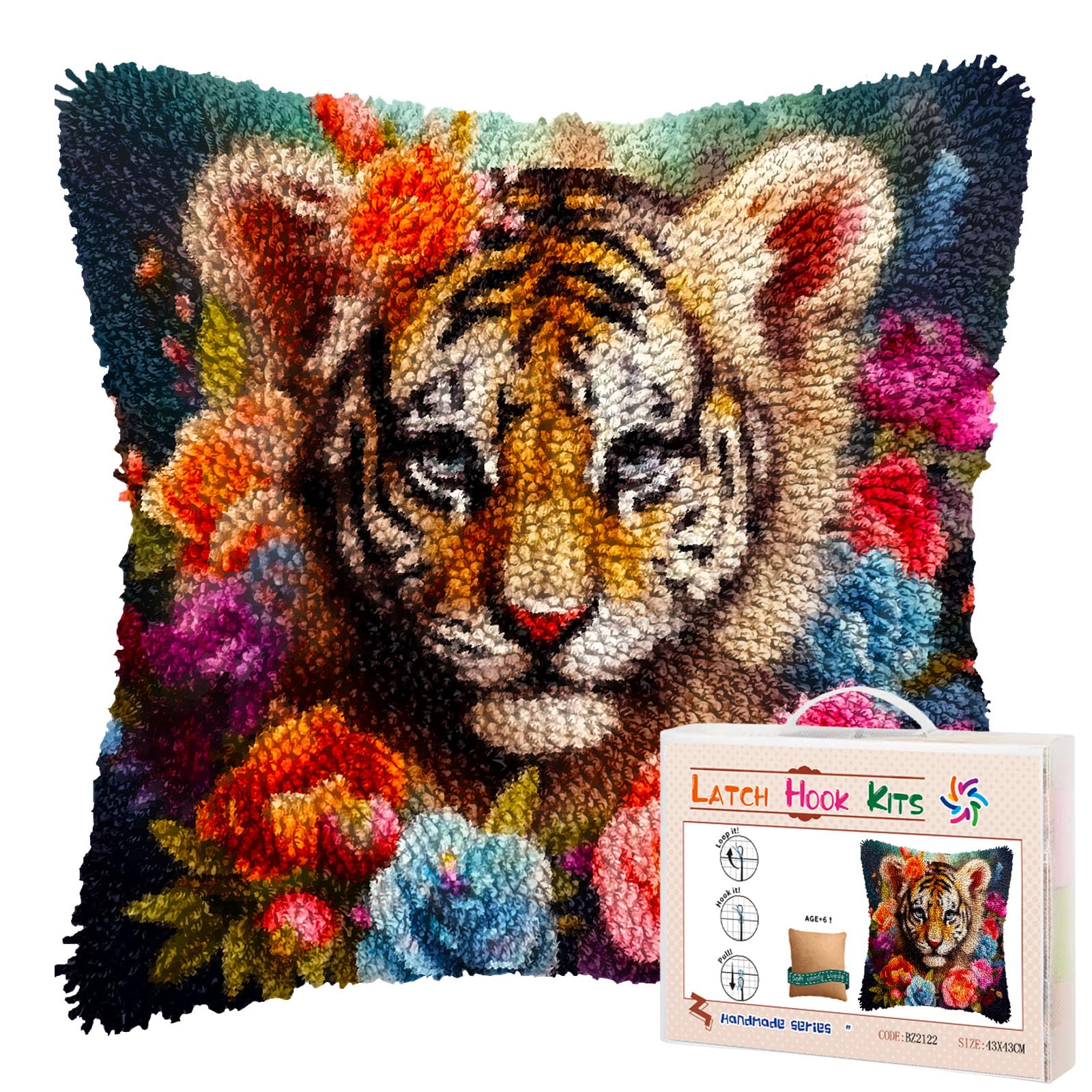 Cute Little Tiger Among Flowers DIY Latch Hook Pillow Kits for Adults Printed Pillowcase Crochet Yarns Hooking Handmade Pillow Cover Cushion for Home Sofa Decoration 17x17inch