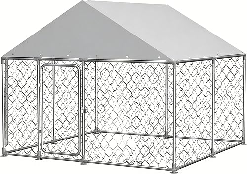 Perrera grande para perros al aire libre, 7.5 x 7.5 pies, resistente con techo totalmente cubierto a prueba de rayos UV y lluvia, malla metálica