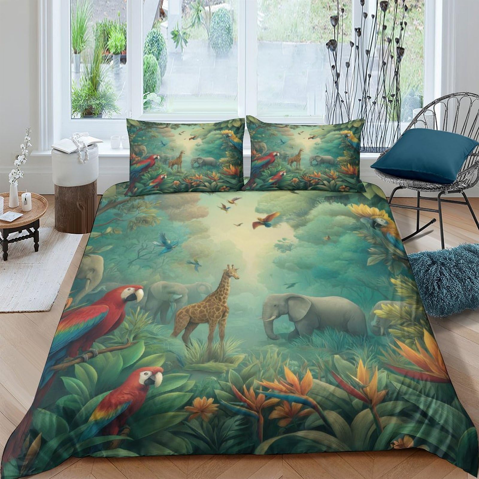 TUFRTGYHN 3D Printed Jungle Animal Duvet Cover Microfiber Soft Breathable Rainforest Parrot Bedding Set with 2 Pillowcases for Bedroom Decor Single（135x200cm）