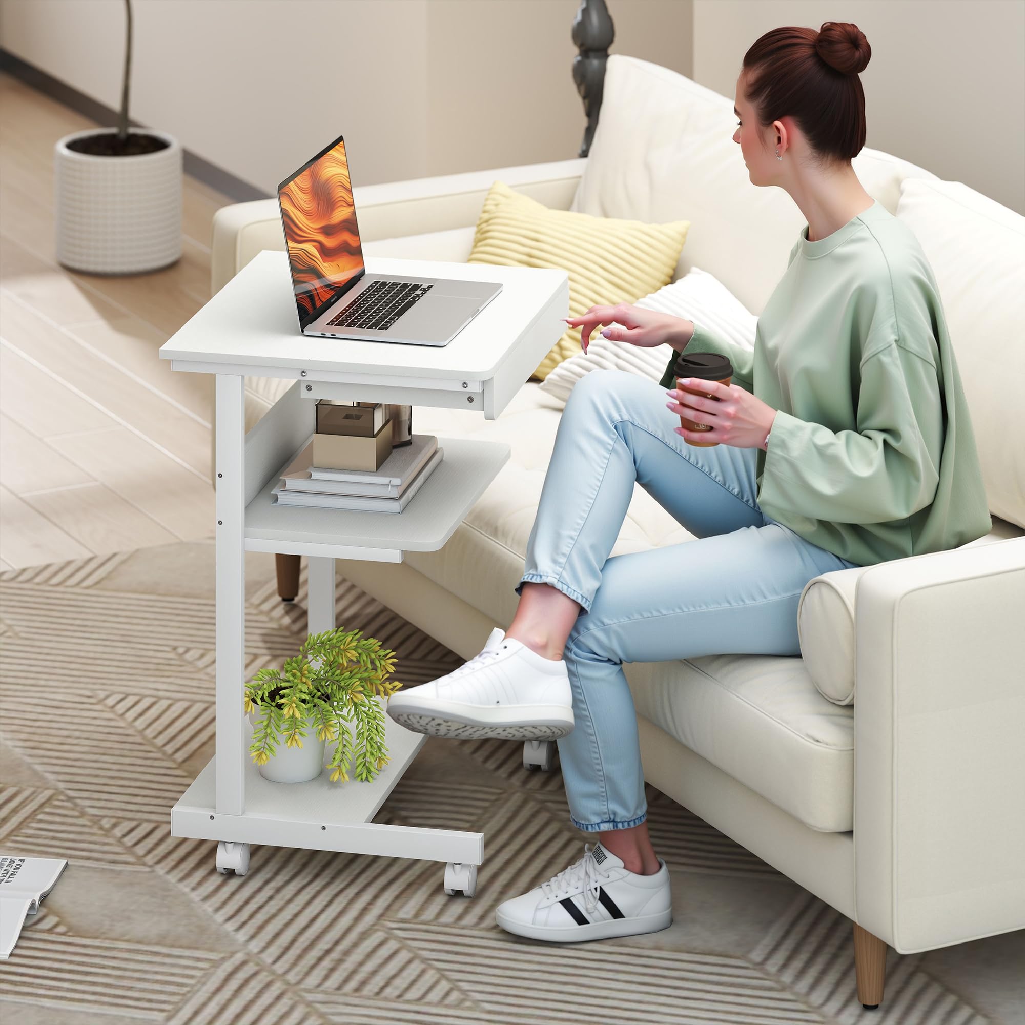 HOMCOM Scrivania per computer su ruote, scrivania con spazio 56 x 51 cm con cassetto, scomparto e supporto per CPU, tavolo da computer per studio per piccoli spazi camera da letto, bianco
