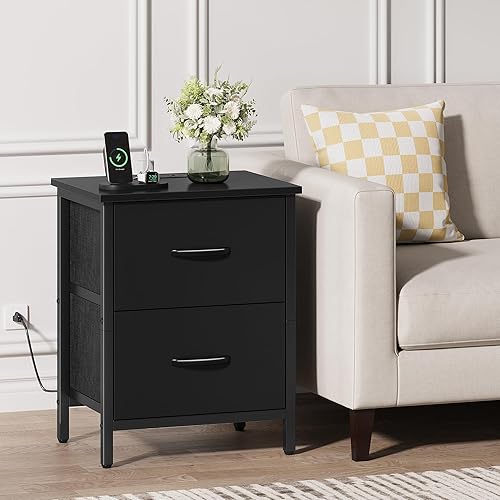 Miniatura 2 de Vagusicc Mesita de noche con estación de carga, mesita de noche con puertos USB y tomacorriente, mesa auxiliar con 2 cajones de tela para